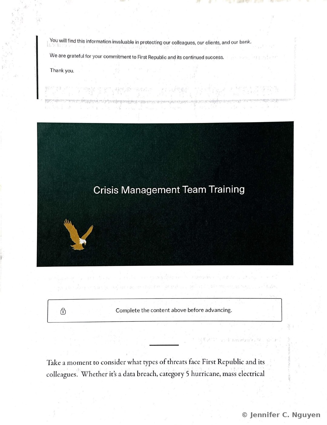 Introduction slide closing with a dark Crisis Management Team Training title panel and a lock icon reading Complete the content above before advancing, followed by a paragraph asking the reader to consider what types of threats face First Republic and its colleagues, such as a data breach, category 5 hurricane, or mass electrical outage