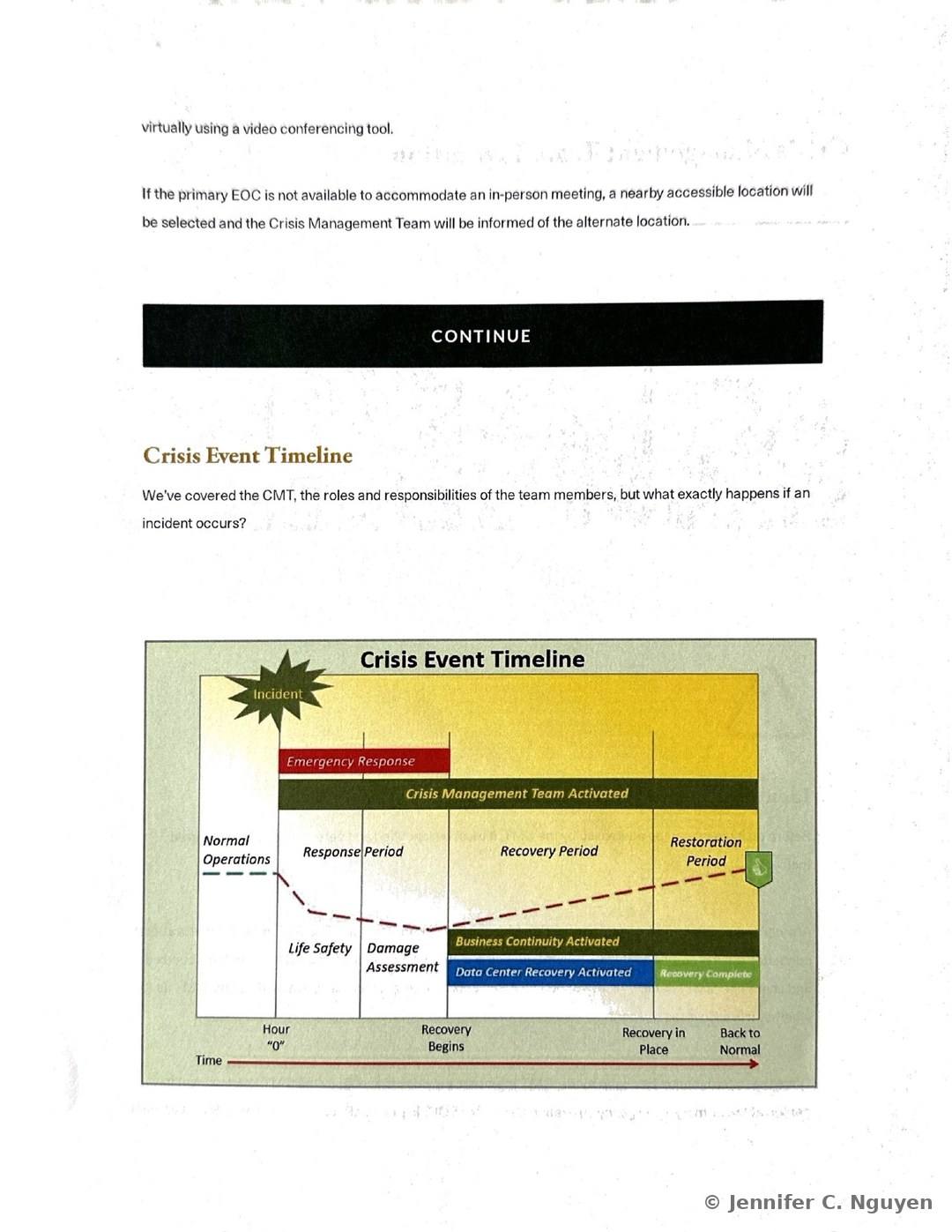 Paragraph explaining that if the primary Emergency Operation Center is unavailable, a nearby accessible location will be selected, followed by a Crisis Event Timeline heading and a colorful horizontal timeline graphic showing Normal Operations, Response Period with Life Safety and Damage Assessment, Recovery Period, and Restoration Period, with Emergency Response and Crisis Management Team Activated bands running across the top