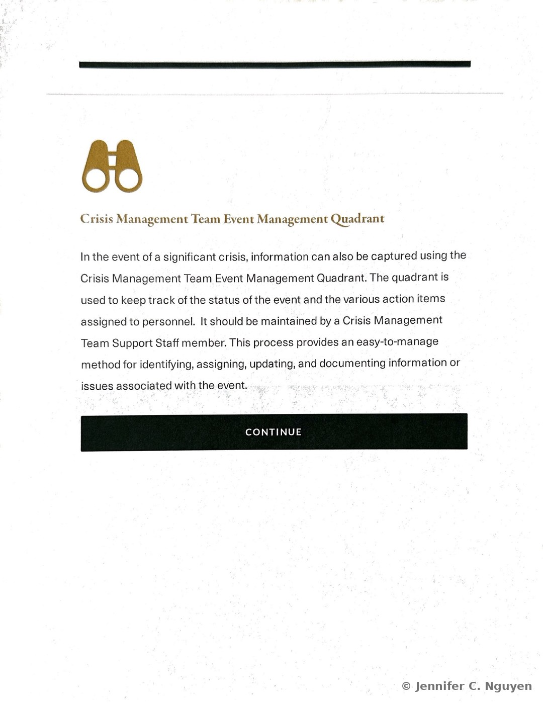 Binoculars icon with a Crisis Management Team Event Management Quadrant heading and a paragraph explaining that the quadrant captures information during a significant crisis, tracking event status and action items, and should be maintained by a Crisis Management Team Support Staff member