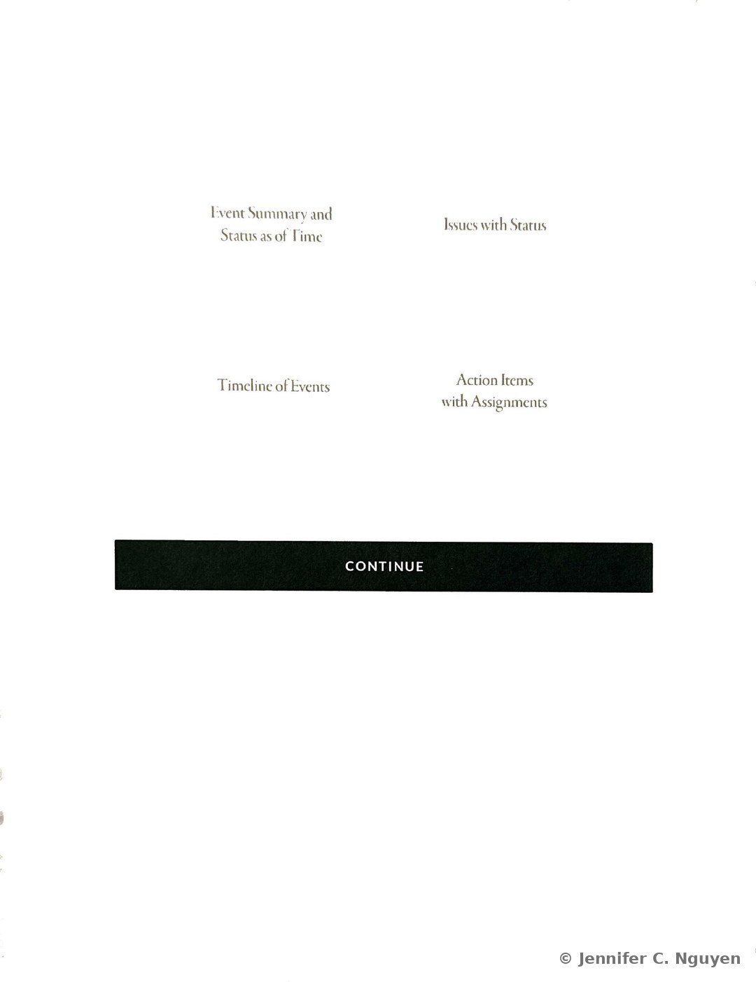 Four-quadrant labels reading Event Summary and Status as of Time, Issues with Status, Timeline of Events, and Action Items with Assignments, illustrating the four sections of the Crisis Management Team Event Management Quadrant tool