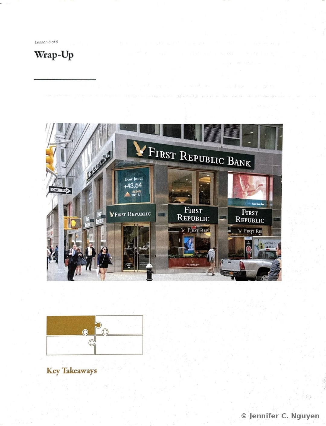 Wrap-Up slide numbered Lesson 6 of 8 with a photo of a First Republic Bank branch storefront on a city street, followed by a puzzle-piece icon and a Key Takeaways heading