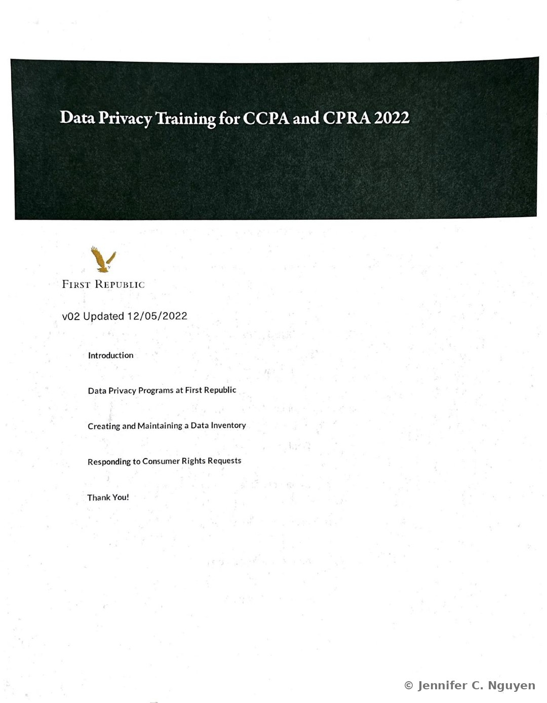 Data Privacy Training for CCPA and CPRA 2022 course title page with a dark charcoal textured header band holding a white serif title, First Republic eagle logo and wordmark below on a white background, version text reading v02 Updated 12/05/2022, and a 5-item lesson list reading Introduction, Data Privacy Programs at First Republic, Creating and Maintaining a Data Inventory, Responding to Consumer Rights Requests, and Thank You