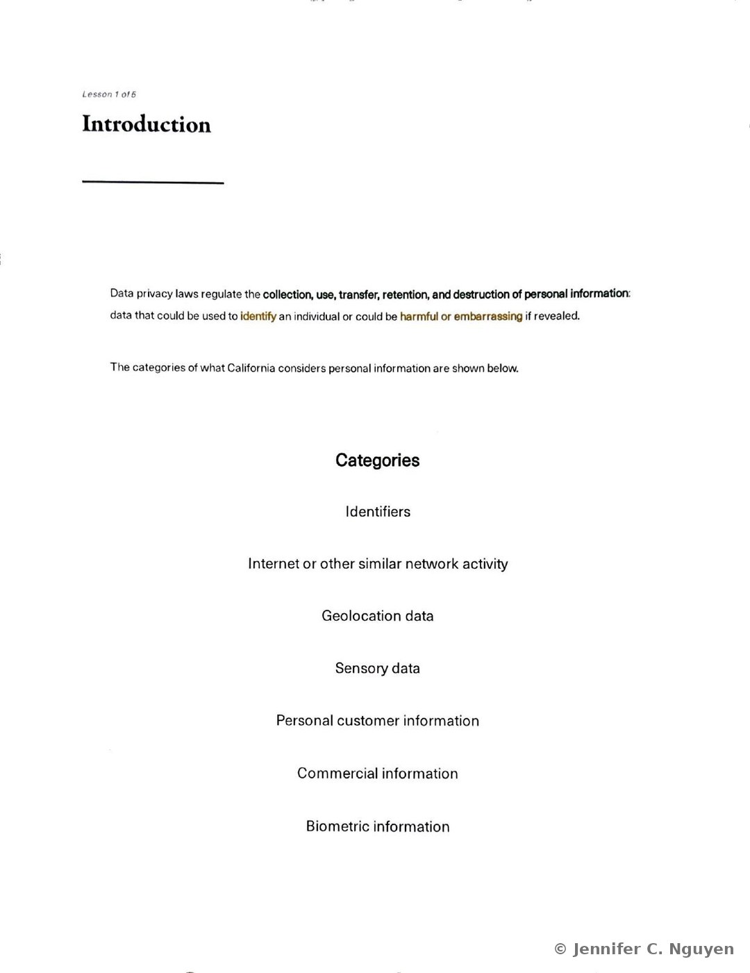 Introduction slide numbered Lesson 1 of 5 with a paragraph defining data privacy laws as regulating the collection, use, transfer, retention, and destruction of personal information, followed by a Categories heading and a list of California's personal information categories reading Identifiers, Internet or other similar network activity, Geolocation data, Sensory data, Personal customer information, Commercial information, and Biometric information