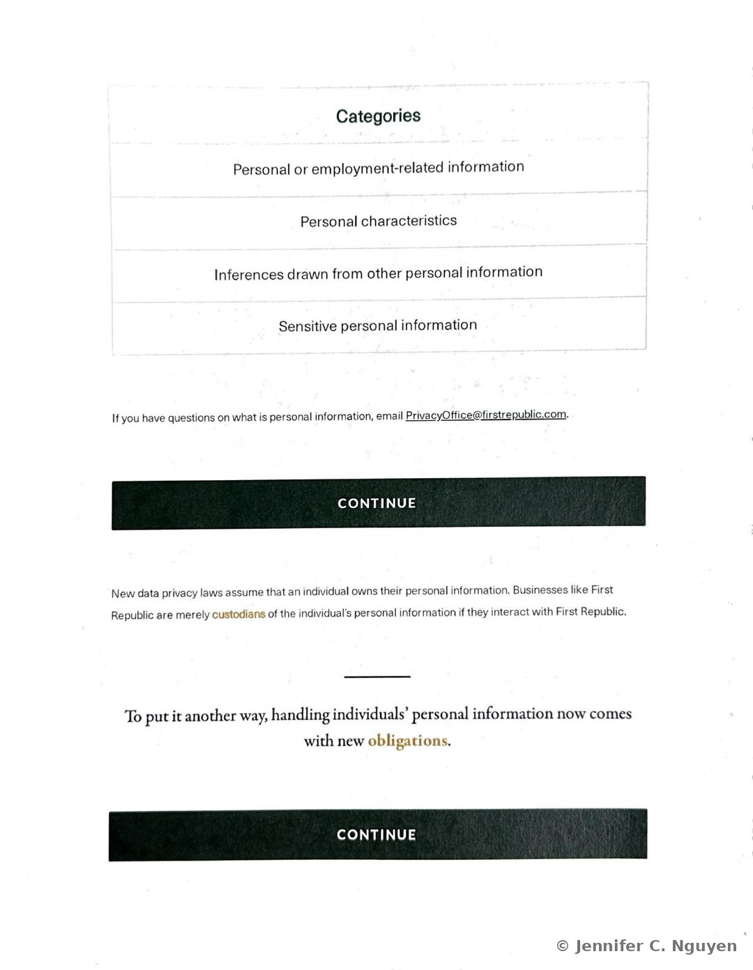 Categories table continuing with Personal or employment-related information, Personal characteristics, Inferences drawn from other personal information, and Sensitive personal information rows, followed by a note to email PrivacyOffice at firstrepublic dot com with questions, a black Continue bar, a paragraph explaining that new data privacy laws assume an individual owns their personal information and that First Republic is merely a custodian of it, and a pull-quote reading To put it another way, handling individuals' personal information now comes with new obligations