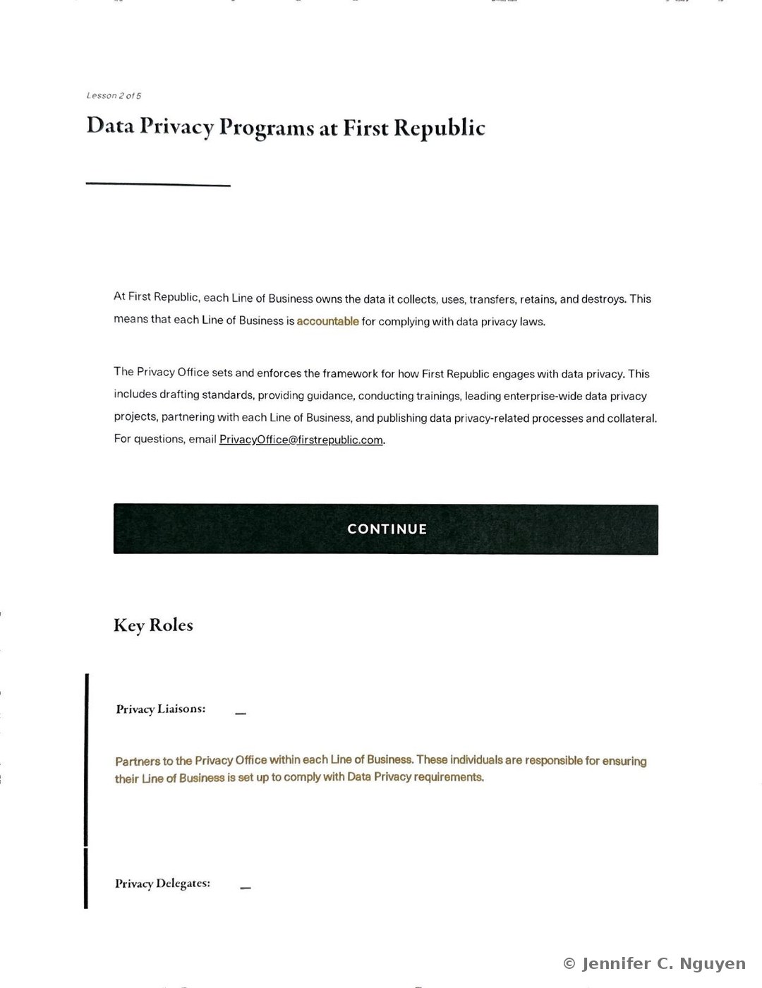 Key Roles section continuing with the Privacy Delegates definition describing individuals identified and trained by Privacy Liaisons to respond when individuals invoke privacy rights, followed by a lock icon completion note, a Data Champions, System Owners, and other Technologists definition describing the data subject matter experts who help Privacy Liaisons identify where personal information resides, and the start of a Building a Data Privacy Program section stating that the first step for complying with any privacy law is understanding what personal information exists, how it flows through an organization, and why it is needed