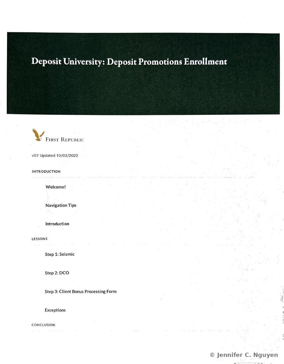Deposit University: Deposit Promotions Enrollment course title page with a dark charcoal textured header band holding a white serif title, First Republic eagle logo and wordmark below on a white background, version text reading v07 Updated 10/03/2022, and a table of contents listing an Introduction section with Welcome, Navigation Tips, and Introduction, a Lessons section with Step 1 Seismic, Step 2 DCO, Step 3 Client Bonus Processing Form, and Exceptions, and a Conclusion section with Summary, Acknowledgement, and Thank You