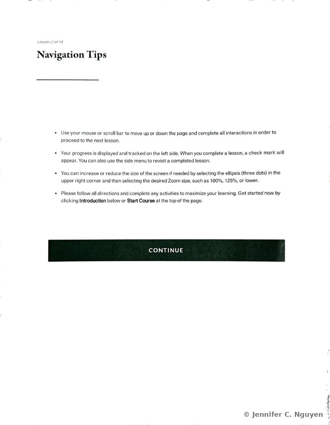 Navigation Tips slide numbered Lesson 2 of 10 with four bulleted instructions covering scrolling through interactions to advance, tracking progress with a checkmark on the left side menu, resizing the screen via the ellipsis zoom control, and getting started with the Introduction link or the Start Course button, followed by a black Continue bar