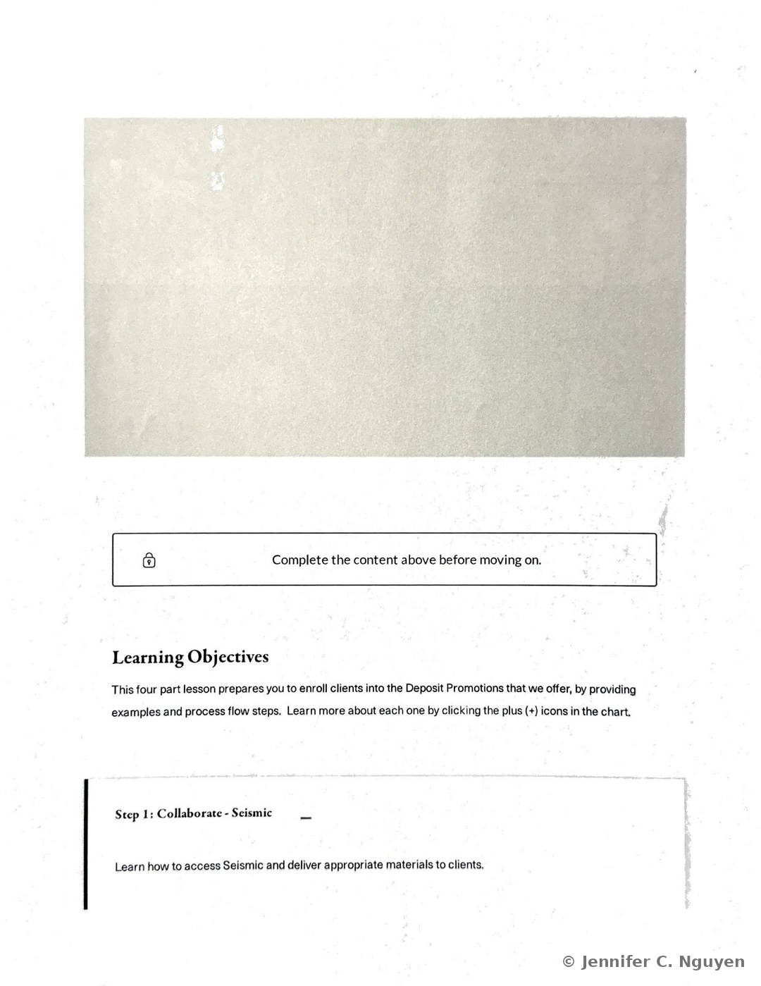 Learning Objectives slide with a lock icon note reading Complete the content above before moving on, a paragraph explaining that this four-part lesson prepares colleagues to enroll clients into Deposit Promotions with examples and process flow steps, and the start of a Step 1 Collaborate, Seismic definition explaining how to access Seismic and deliver appropriate materials to clients