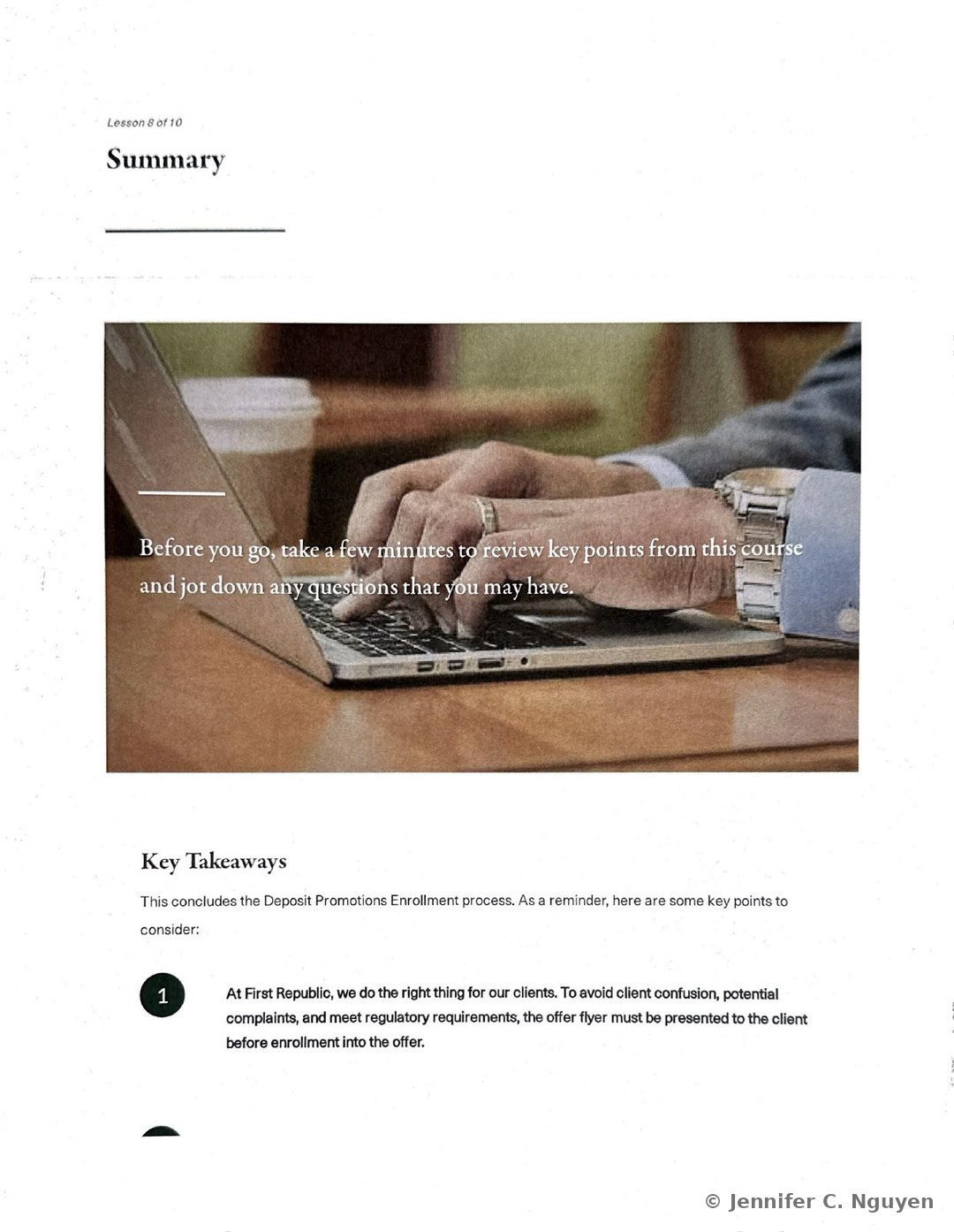 Summary slide numbered Lesson 8 of 10 with a photograph of a colleague's hands typing on a laptop beside a coffee cup, a Key Takeaways heading, and a numbered list opening with a reminder that the offer flyer must be presented to the client before enrollment to avoid client confusion, potential complaints, and meet regulatory requirements