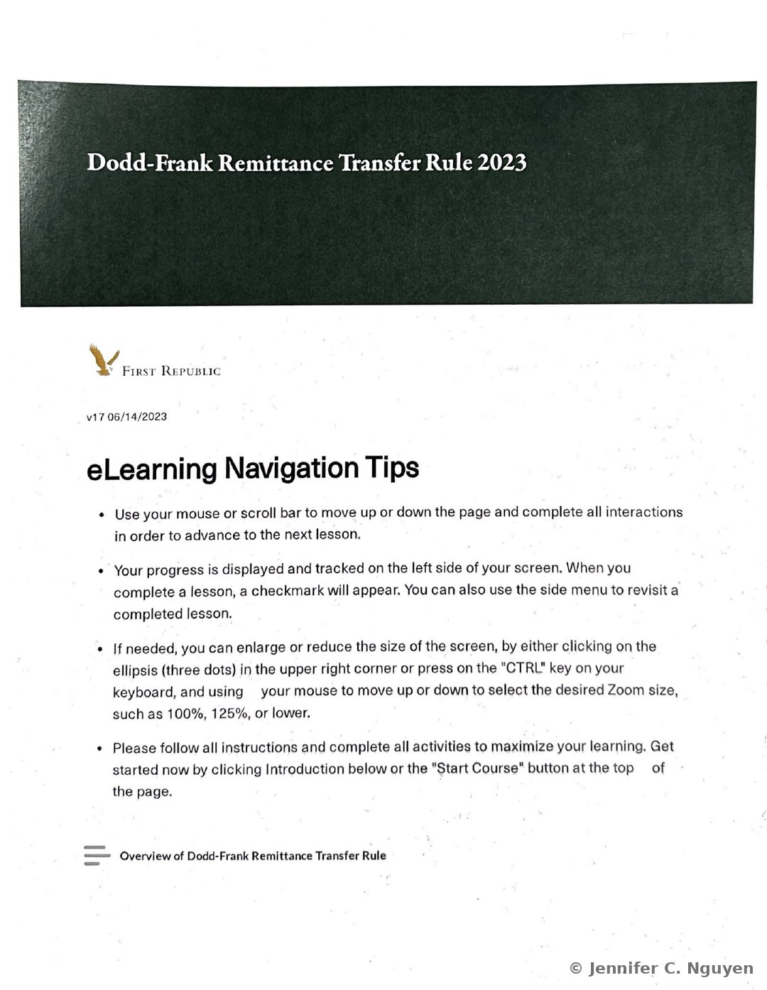 Dodd-Frank Remittance Transfer Rule 2023 course title page with a dark charcoal textured header band holding a white serif title, First Republic eagle logo and wordmark below on a white background, version text reading v17 06/14/2023, an eLearning Navigation Tips heading with four bulleted instructions about scrolling, progress tracking, zoom controls, and completing activities, and the start of a lesson menu reading Overview of Dodd-Frank Remittance Transfer Rule