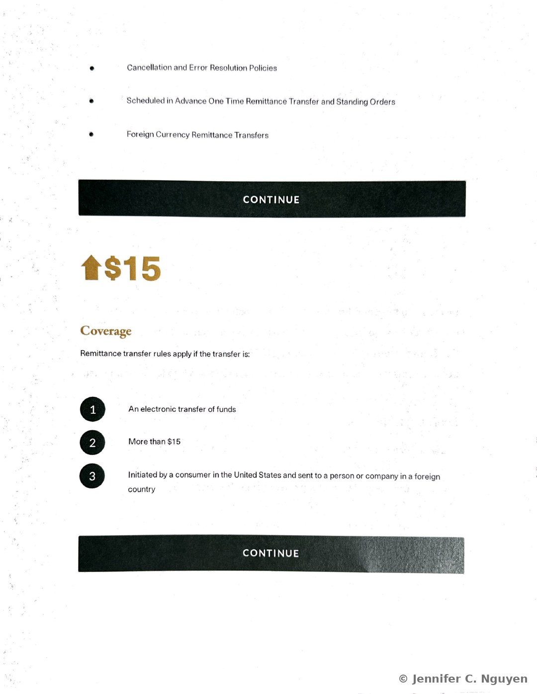 Continuation of the Learning Objectives bulleted list followed by a black Continue bar, a large gold up-arrow icon beside the dollar figure 15, a Coverage heading explaining that remittance transfer rules apply if the transfer meets three conditions, and three numbered circles reading An electronic transfer of funds, More than $15, and Initiated by a consumer in the United States and sent to a person or company in a foreign country