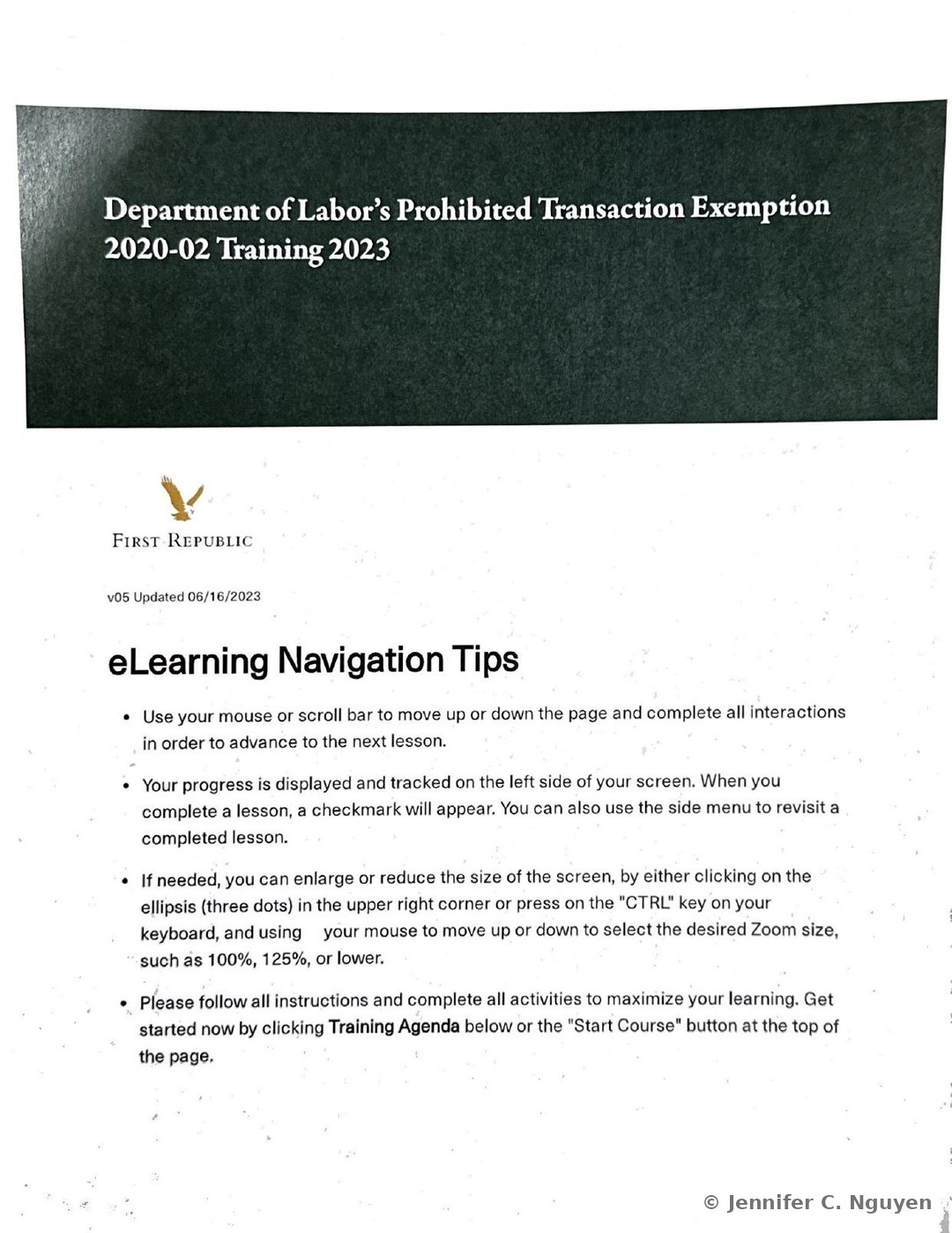 Department of Labor's Prohibited Transaction Exemption 2020-02 Training 2023 course title page with a dark charcoal textured header band holding a white serif title, First Republic eagle logo and wordmark below on a white background, version text reading v05 Updated 06/16/2023, and an eLearning Navigation Tips heading with four bulleted instructions covering scrolling through interactions, progress tracking on the left side menu, zoom controls via the ellipsis or CTRL key, and getting started with the Training Agenda or Start Course button