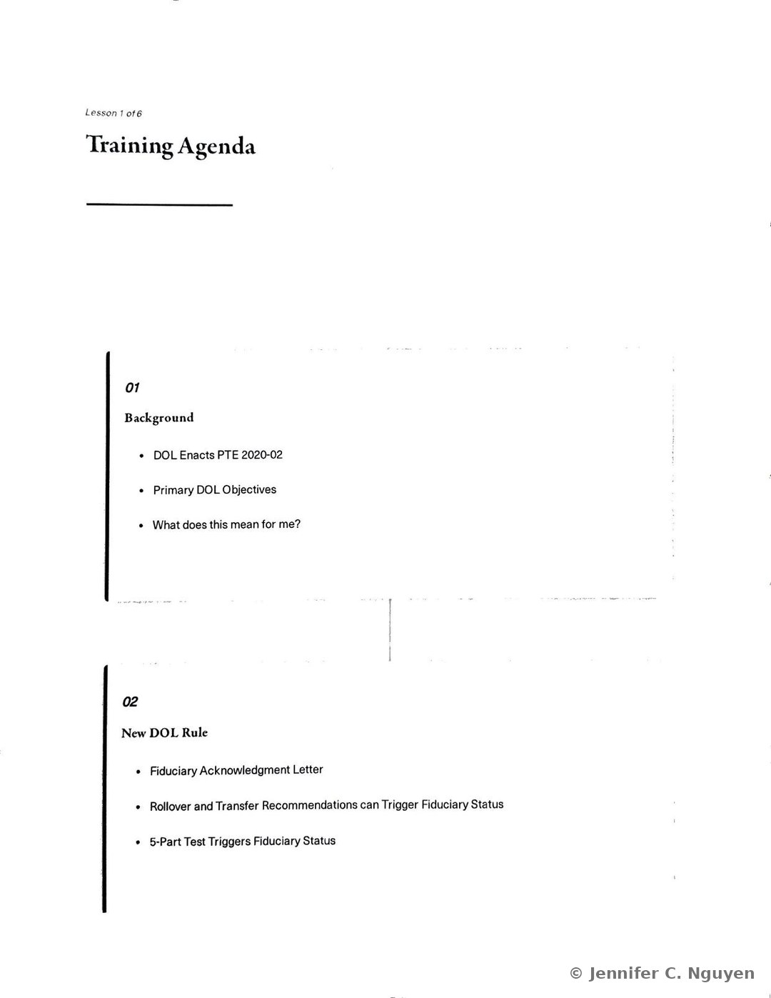 Training Agenda slide numbered Lesson 1 of 6 with two numbered boxes, 01 Background listing DOL Enacts PTE 2020-02, Primary DOL Objectives, and What does this mean for me, and 02 New DOL Rule listing Fiduciary Acknowledgment Letter, Rollover and Transfer Recommendations can Trigger Fiduciary Status, and 5-Part Test Triggers Fiduciary Status