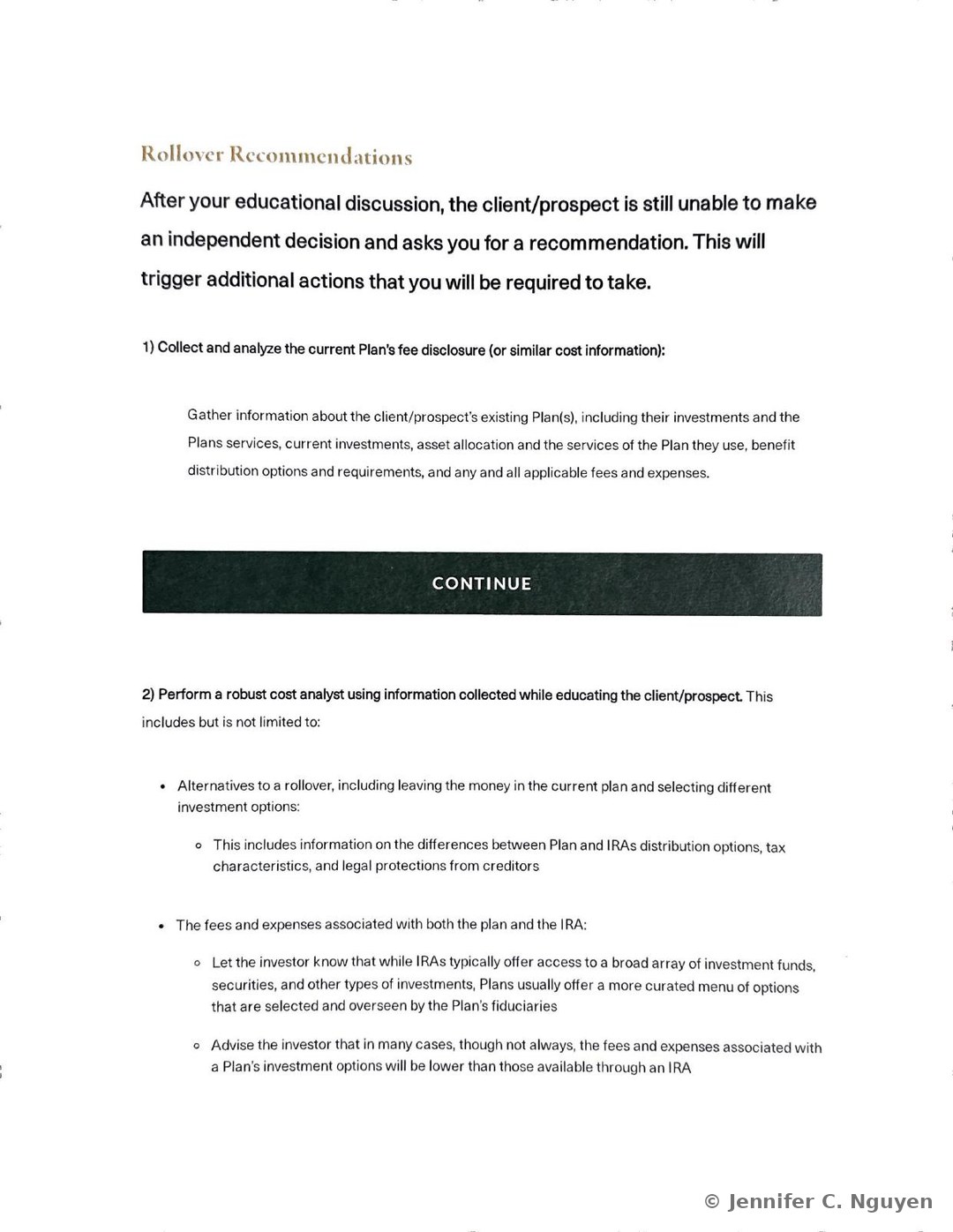 Rollover Recommendations heading explaining that when a client still cannot make an independent decision after the educational discussion, additional actions are triggered, followed by a numbered step 1 to collect and analyze the current Plan's fee disclosure, a black Continue bar, and the start of step 2 to perform a robust cost analysis including alternatives to a rollover and a comparison of Plan versus IRA fees and expenses