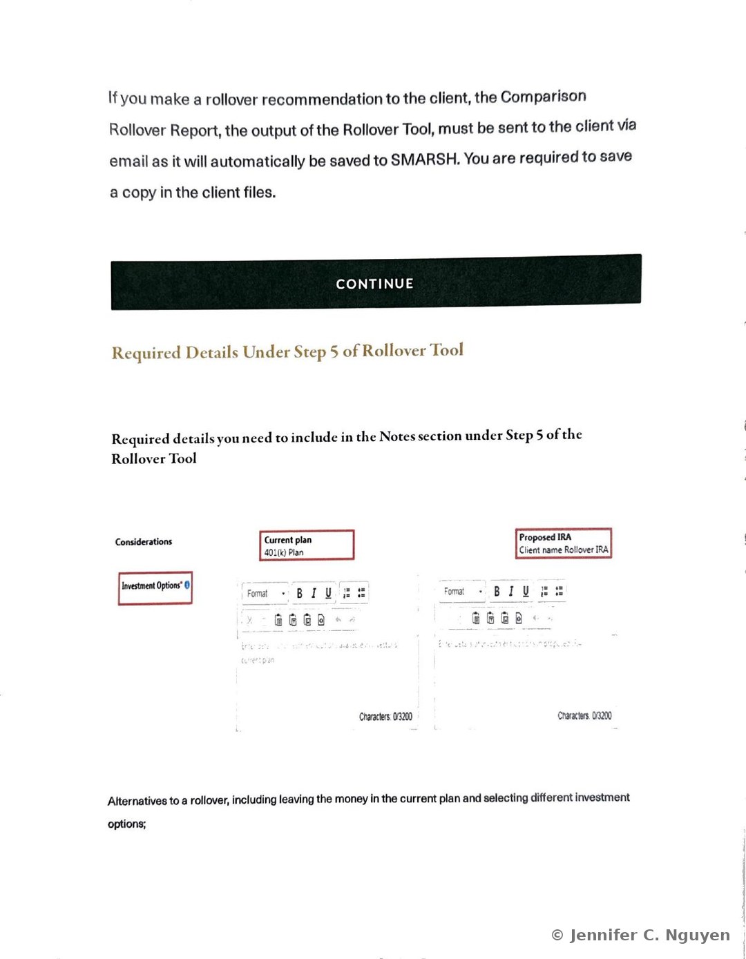 Paragraph explaining that the Comparison Rollover Report output from the Rollover Tool must be emailed to the client so it is automatically saved to SMARSH, with a copy also retained in the client files, followed by a Required Details Under Step 5 of Rollover Tool heading and a screenshot of the Rollover Tool's Investment Options field showing side-by-side Current Plan and Proposed IRA text boxes with character count limits
