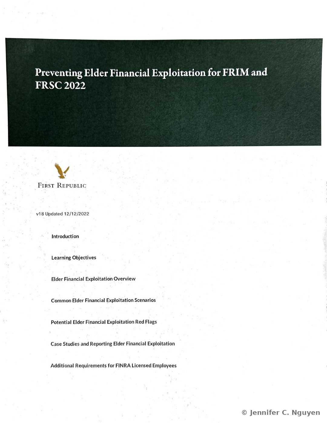 Preventing Elder Financial Exploitation for FRIM and FRSC 2022 course title page with a dark green banded header holding a white serif title, First Republic eagle logo below on a white background, version text reading v18 Updated 12/12/2022, and a vertical lesson menu listing Introduction, Learning Objectives, Elder Financial Exploitation Overview, Common Elder Financial Exploitation Scenarios, Potential Elder Financial Exploitation Red Flags, Case Studies and Reporting Elder Financial Exploitation, and Additional Requirements for FINRA Licensed Employees