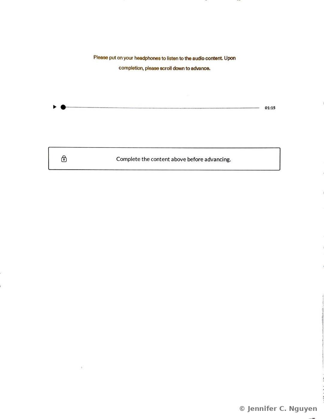 Locked audio content screen instructing the learner to put on headphones to listen to the executive audio introduction and scroll down to advance upon completion, with a horizontal audio progress bar showing a play triangle icon and a 01:15 time stamp, and a gray notice box below reading Complete the content above before advancing