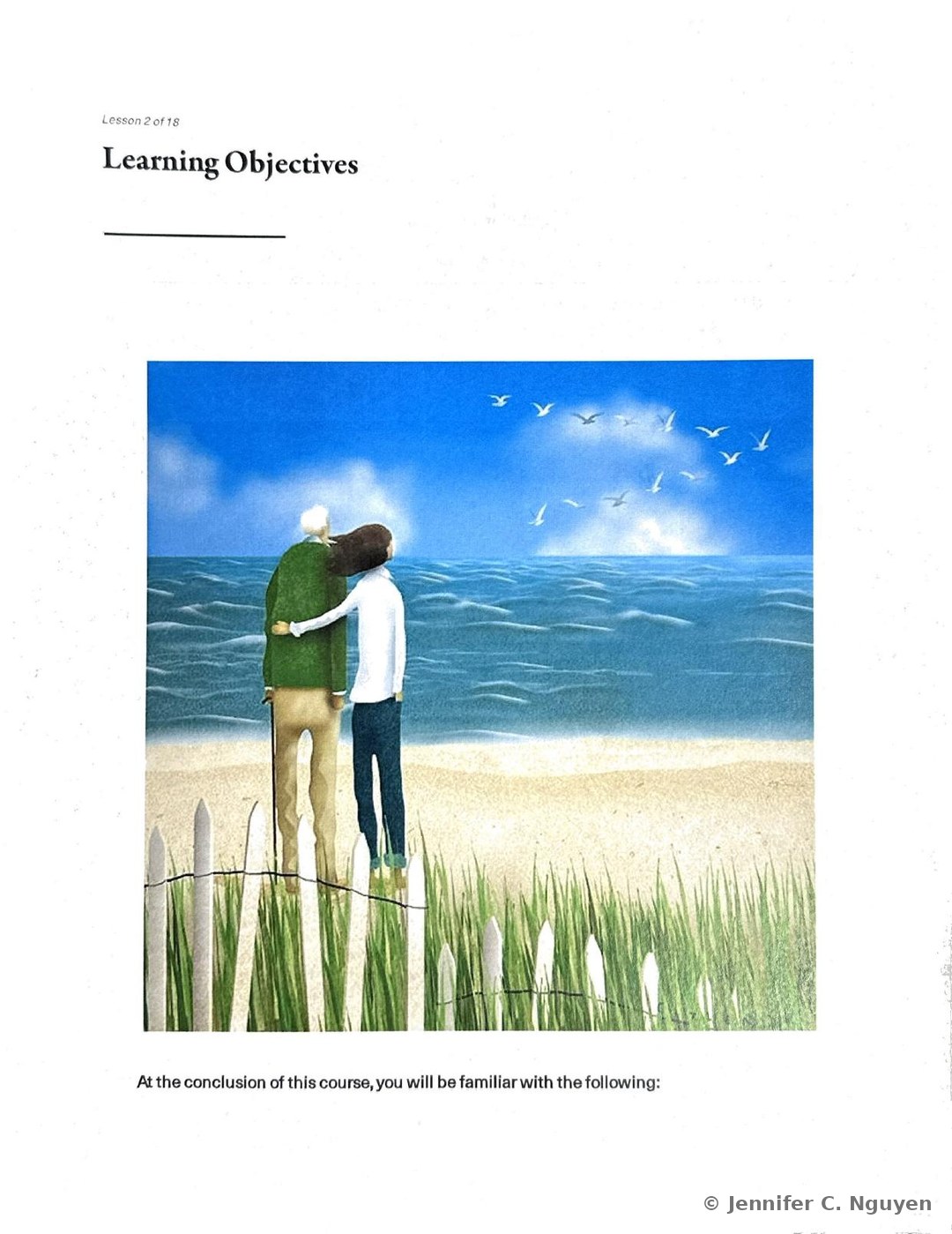 Learning Objectives slide numbered Lesson 2 of 18 with a soft illustrated scene of an elderly man using a cane and a younger woman with dark hair standing arm in arm at a beach behind a wooden picket fence, tall grass in the foreground, ocean waves and a flock of birds in a blue sky, followed by the start of a sentence reading At the conclusion of this course you will be familiar with the following