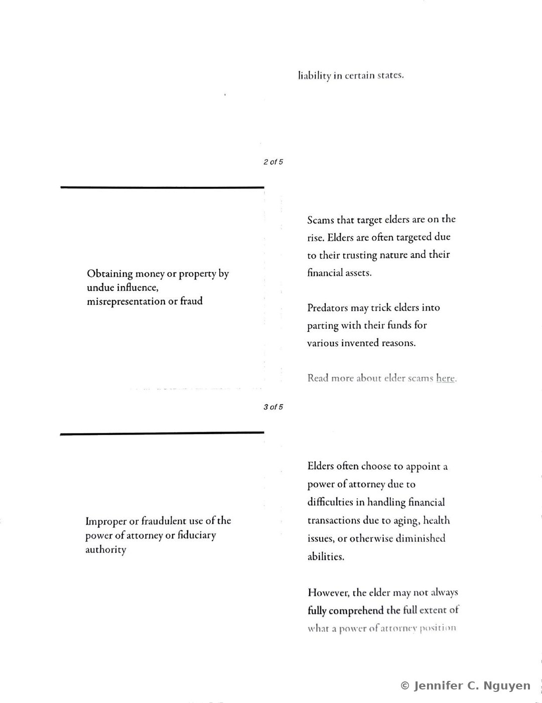 Common Elder Financial Exploitation Scenarios slide continuing the two-column layout with the heading Obtaining money or property by undue influence, misrepresentation or fraud paired with a description explaining that elders are often targeted due to their trusting nature and financial assets, marked 2 of 5, followed by the start of a third pairing headed Improper or fraudulent use of the power of attorney or fiduciary authority describing why elders often choose to appoint a power of attorney, marked 3 of 5