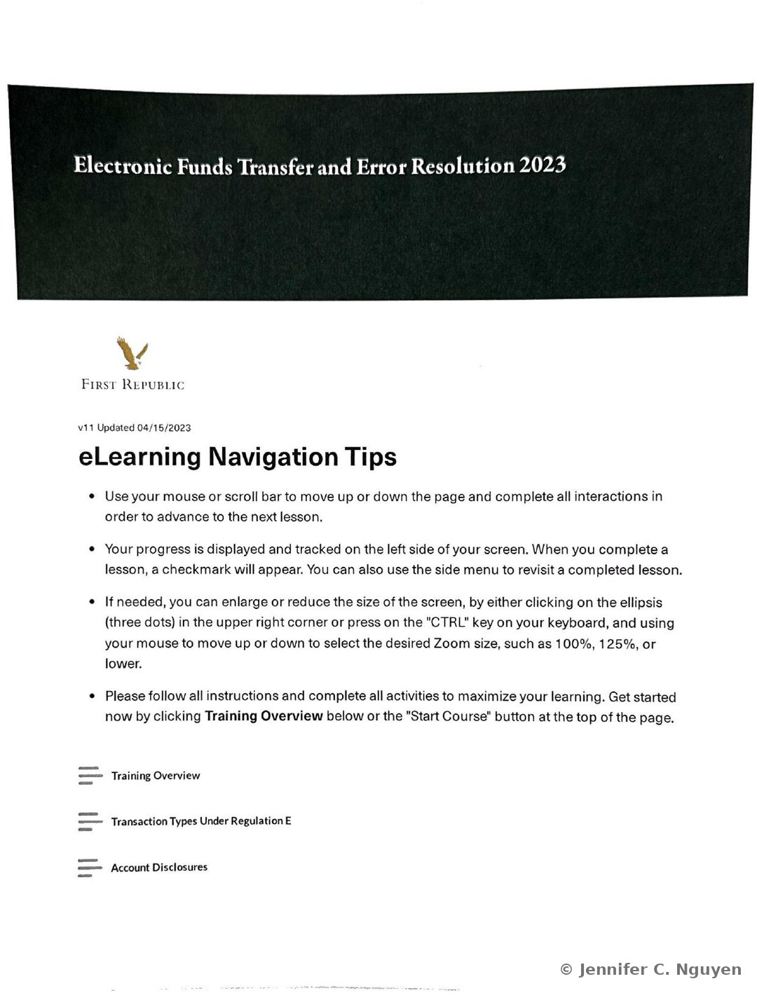 Electronic Funds Transfer and Error Resolution 2023 course title page with a dark textured header band holding a white serif title, First Republic eagle logo and wordmark below on a white background, version text reading v11 Updated 04/15/2023, an eLearning Navigation Tips heading with four bulleted instructions about scrolling, progress tracking, zoom controls, and completing activities, and the start of a lesson menu listing Training Overview, Transaction Types Under Regulation E, and Account Disclosures