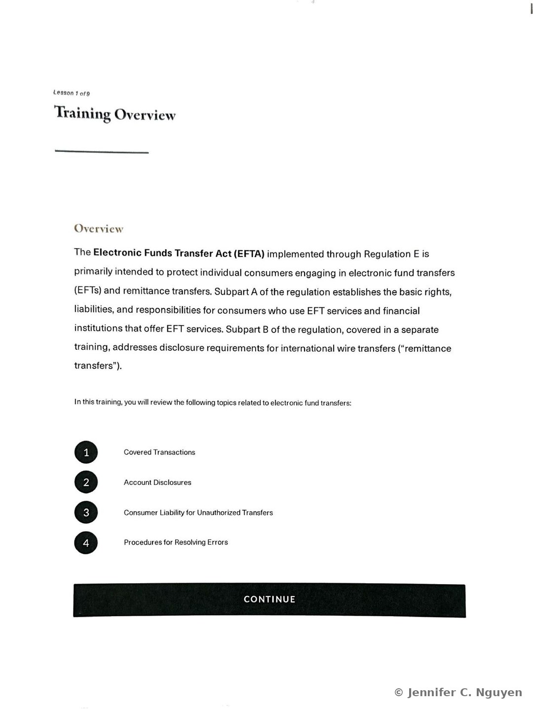 Training Overview slide numbered Lesson 1 of 9 with a gold Overview subheading, a paragraph explaining that the Electronic Funds Transfer Act implemented through Regulation E protects consumers using EFT and remittance transfer services, and a four-item numbered list reading Covered Transactions, Account Disclosures, Consumer Liability for Unauthorized Transfers, and Procedures for Resolving Errors, followed by a black Continue bar