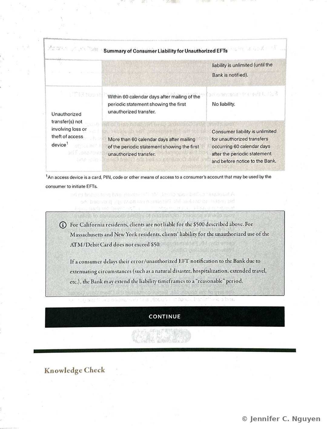 Summary of Consumer Liability for Unauthorized EFTs table continued, showing a row where liability is unlimited until the Bank is notified, a row stating no liability applies within 60 calendar days after mailing of the periodic statement showing the first unauthorized transfer, and a row for unauthorized transfers not involving loss or theft of an access device where liability is unlimited for transfers occurring more than 60 calendar days after that statement and before notice to the Bank, with a footnote defining an access device as a card, PIN, code, or other means of account access