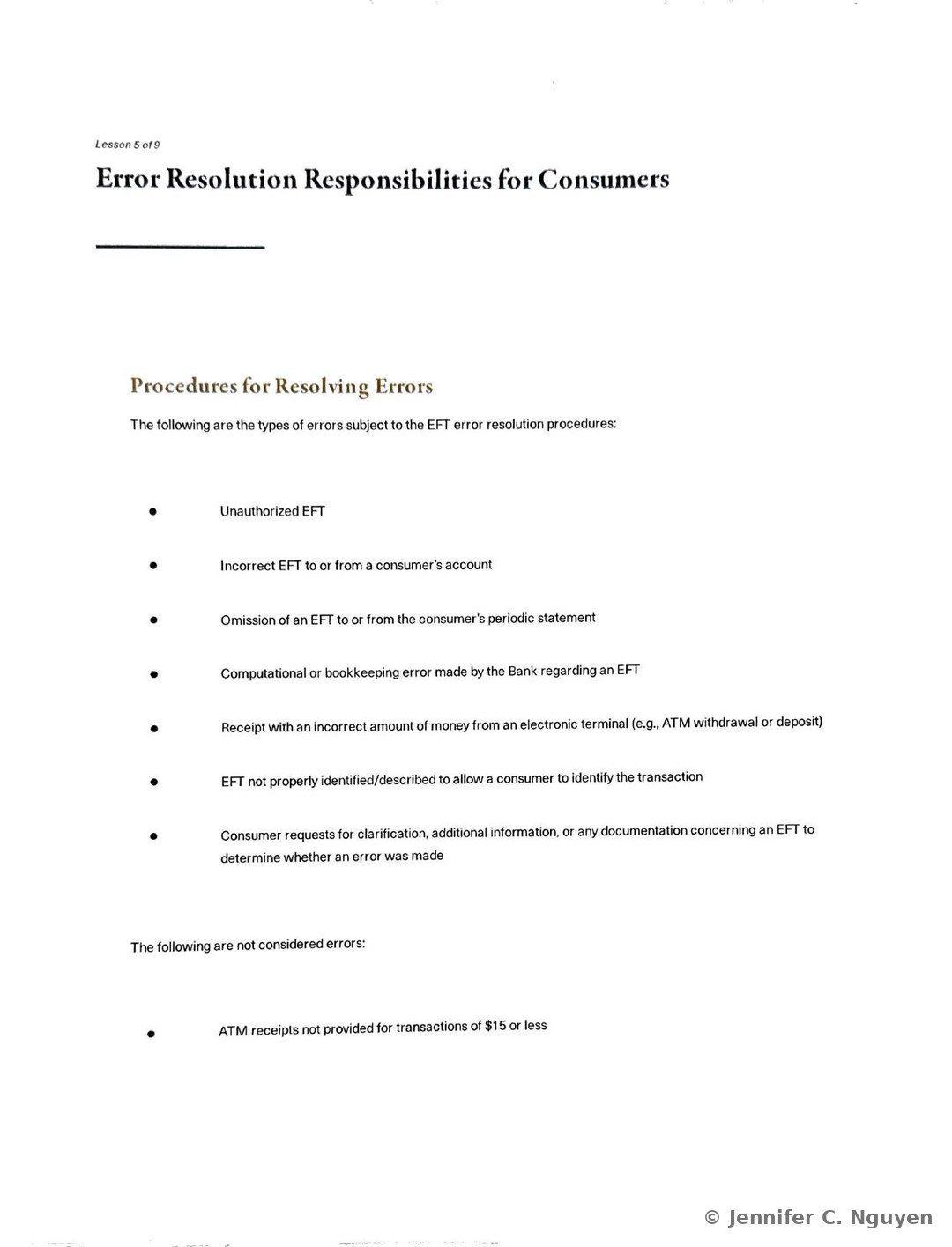 Error Resolution Responsibilities for Consumers slide numbered Lesson 5 of 9 with a gold Procedures for Resolving Errors subheading and a seven-item bulleted list of errors subject to EFT error resolution procedures, including unauthorized EFTs, incorrect or omitted EFTs on a statement, computational or bookkeeping errors, incorrect ATM receipt amounts, unidentified EFTs, and consumer requests for clarification about a transaction