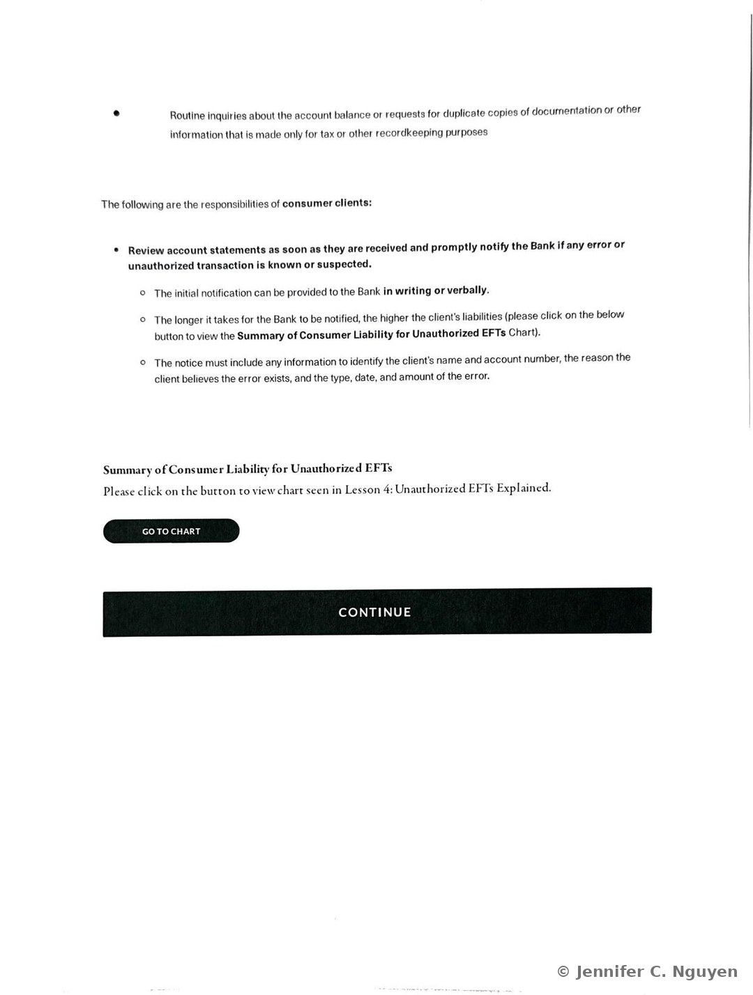Continuation slide listing routine account balance inquiries and recordkeeping document requests as not considered errors, followed by a Responsibilities of consumer clients heading with a bulleted list covering reviewing statements promptly, providing initial notification to the Bank in writing or verbally, how notification timing affects liability with a Go to Chart button linking to the Summary of Consumer Liability for Unauthorized EFTs, and the information a notice of error must include, ending in a black Continue bar