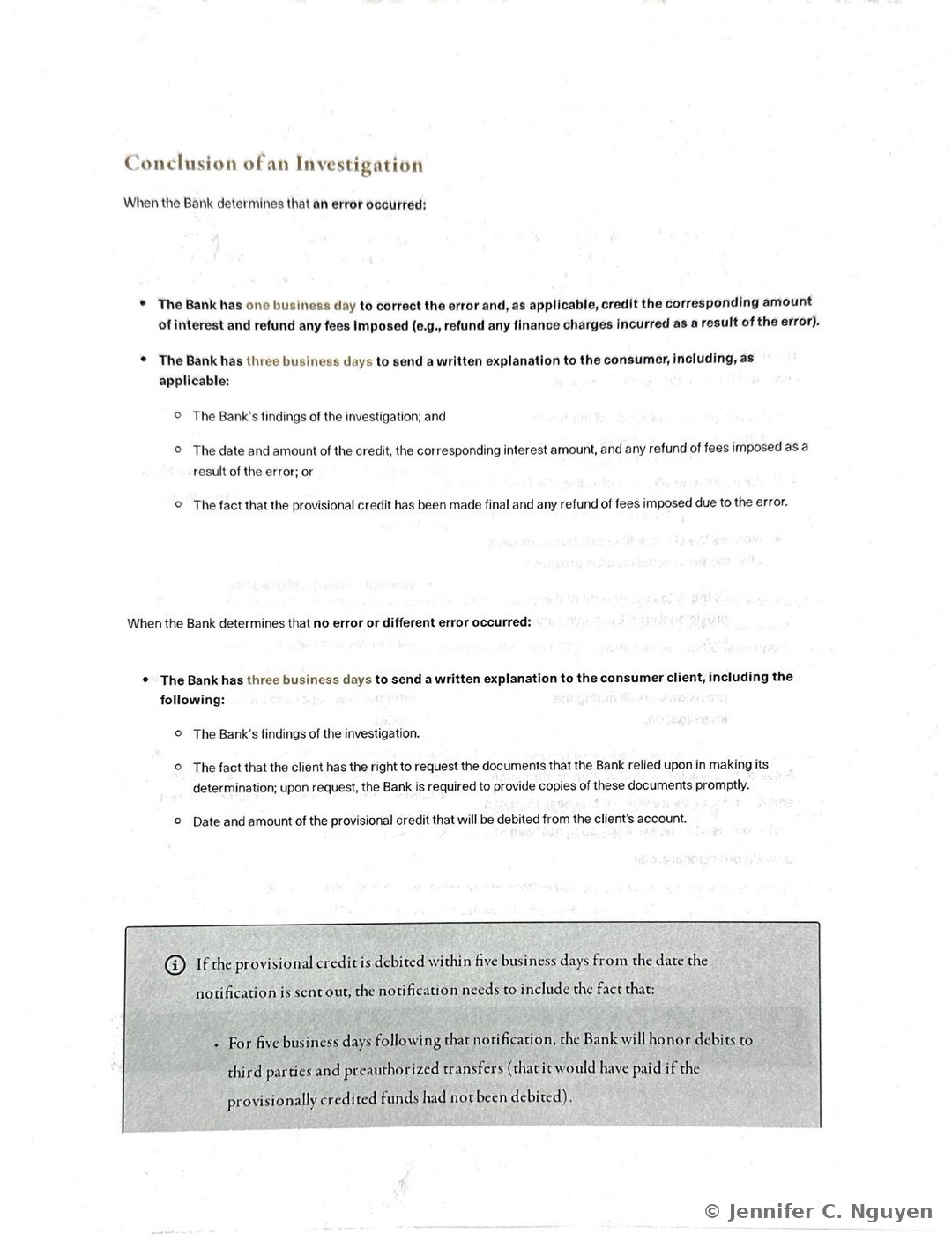 Conclusion of an Investigation slide with a gold heading and two scenario sections, the first covering when the Bank determines an error occurred, listing a one business day window to correct the error and credit interest or refund fees and a three business day window to send a written explanation of findings, and the second covering when no error or a different error occurred, requiring a three business day written explanation including the client's right to request supporting documents and the date and amount of any provisional credit to be debited, with a gray info box at the bottom noting that the Bank will continue honoring third-party debits and preauthorized transfers for five business days after a provisional-credit reversal notice