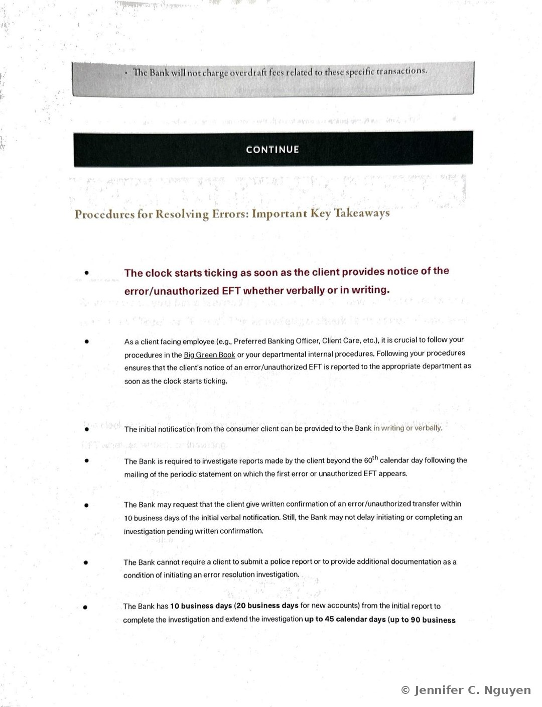 Key Takeaways slide with a gold Procedures for Resolving Errors heading, an opening bolded bullet stating that the clock starts ticking as soon as the client provides notice of the error or unauthorized EFT whether verbally or in writing, and a following bullet instructing client-facing colleagues to follow the procedures in the Big Green Book or their departmental internal procedures so the notice reaches the appropriate department promptly
