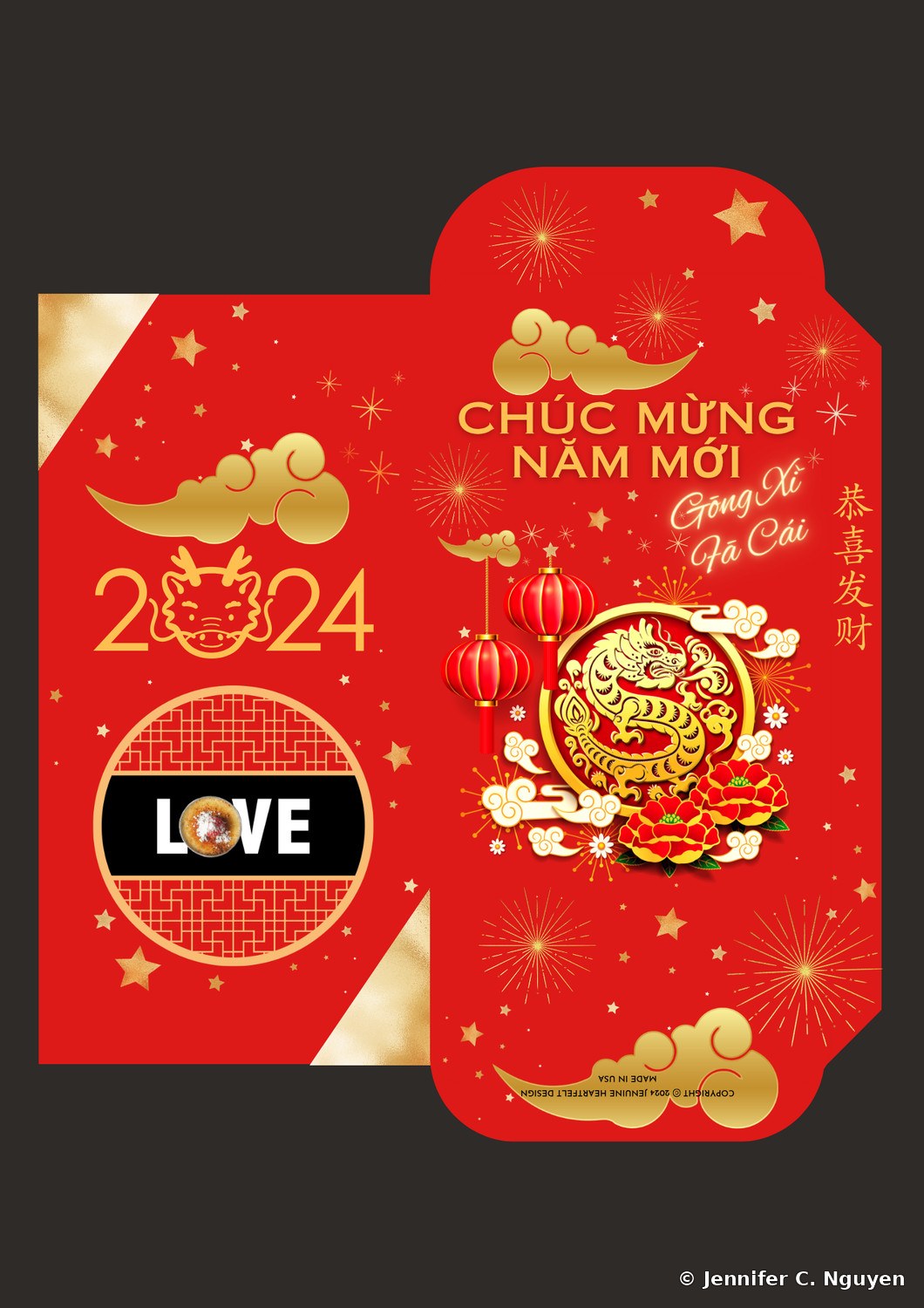2024 Year of the Dragon lucky red envelope for I Love Brulee, black background with a gold dragon medallion, red hanging lanterns, and the I Love Brulee LOVE logo on the inner panel