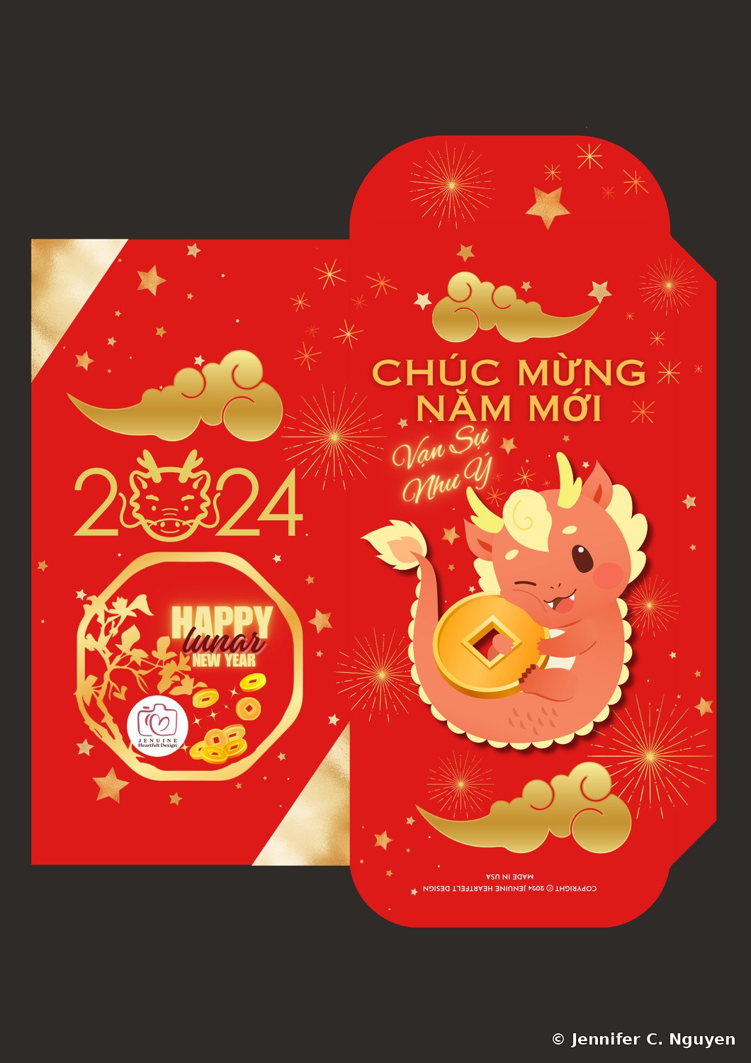 2024 Year of the Dragon lucky red envelope for Jenuine Heartfelt Design, a cute cartoon baby dragon holding a gold coin, with the Jenuine Heartfelt Design logo and a Happy Lunar New Year graphic on the inner panel
