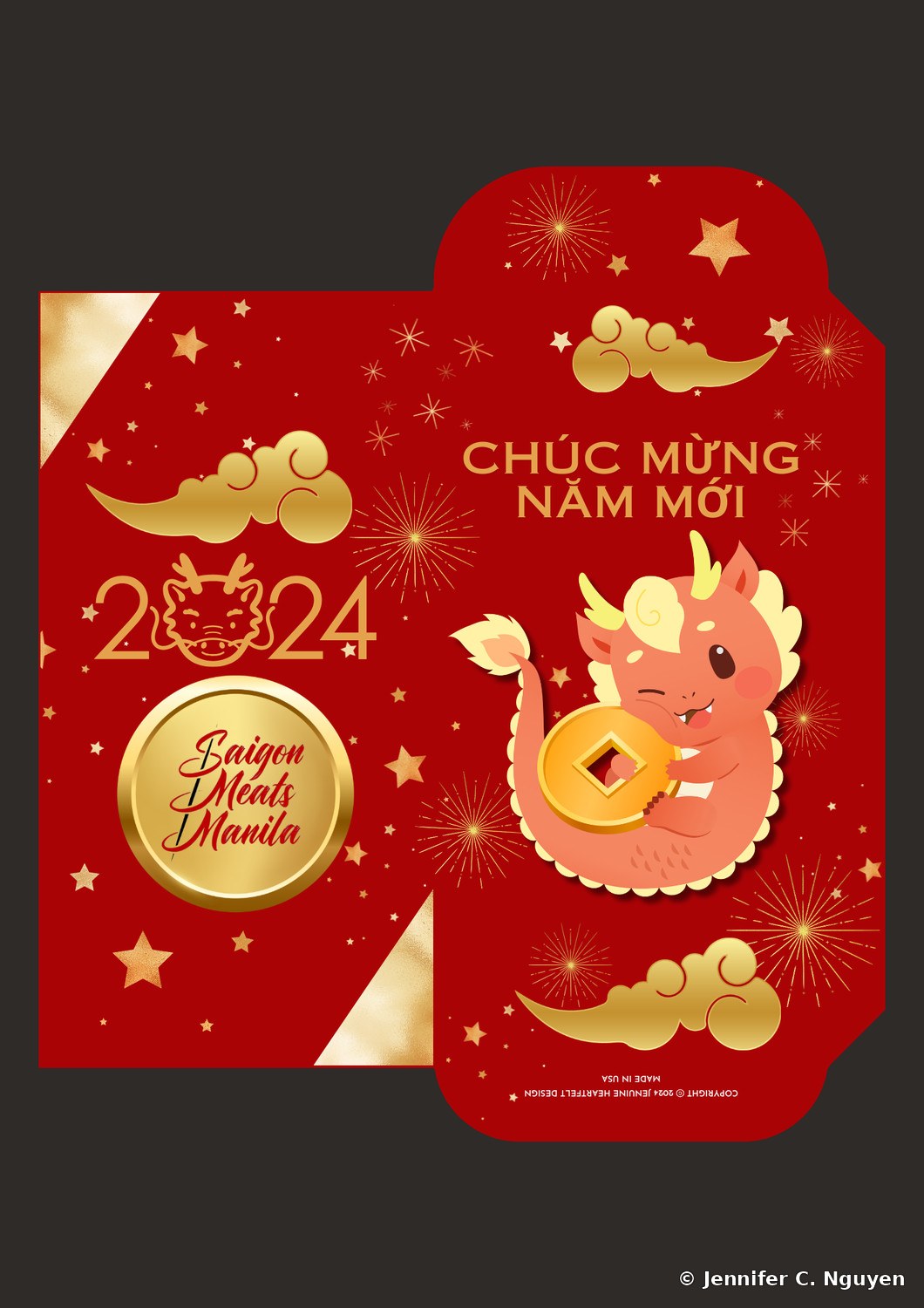 2024 Year of the Dragon lucky red envelope for Saigon Meats Manila, a cute cartoon baby dragon holding a gold coin while riding a red fish, with the Saigon Meats Manila circular logo on the inner panel