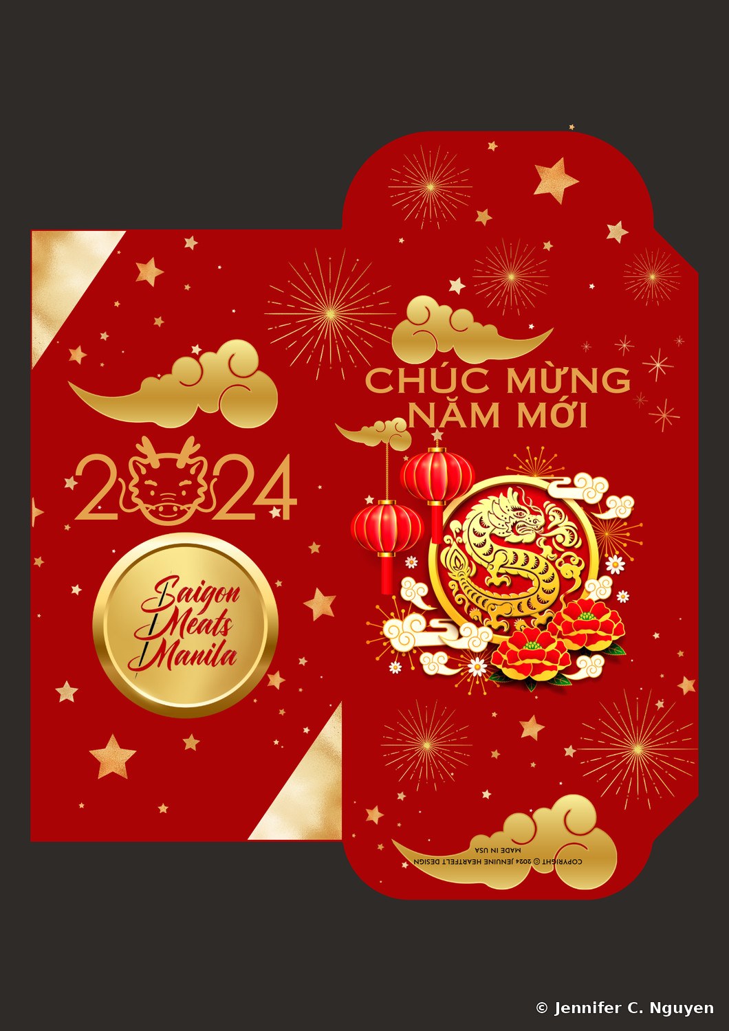 2024 Year of the Dragon lucky red envelope for Saigon Meats Manila, a gold dragon medallion design with hanging red lanterns and peony flowers, with the Saigon Meats Manila circular logo on the inner panel