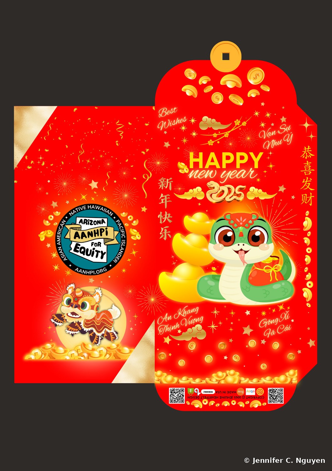 2025 Year of the Snake lucky red envelope for Arizona AANHPI for Equity, a cute green cartoon snake wearing a red headpiece beside stacked gold ingots, with the Arizona AANHPI for Equity badge logo and a lion dance mascot on the inner panel