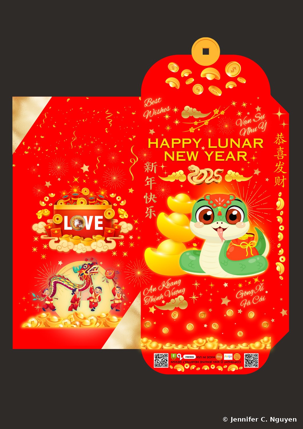 2025 Year of the Snake lucky red envelope for I Love Brulee, the same cute green cartoon snake design, with a LOVE-branded firecracker box graphic and a lion and dragon dance illustration on the inner panel