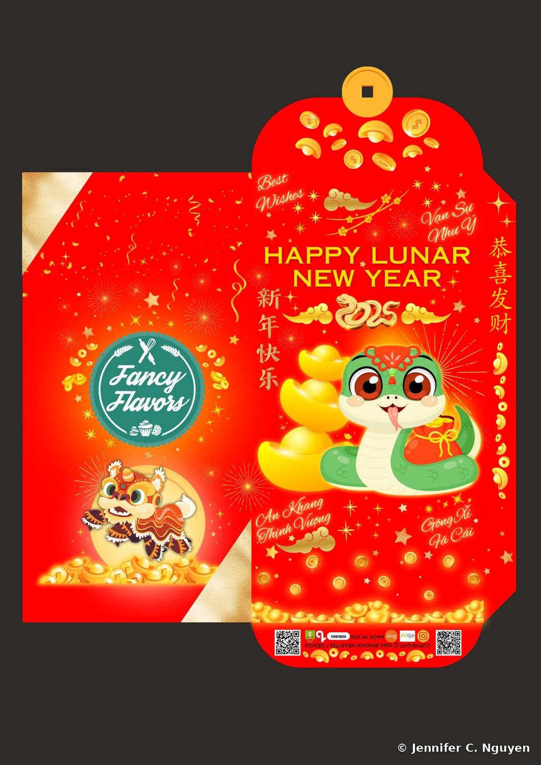 2025 Year of the Snake lucky red envelope for Fancy Flavors, the same cute green cartoon snake design beside stacked gold ingots, with the Fancy Flavors teal circular logo and a lion dance mascot on the inner panel