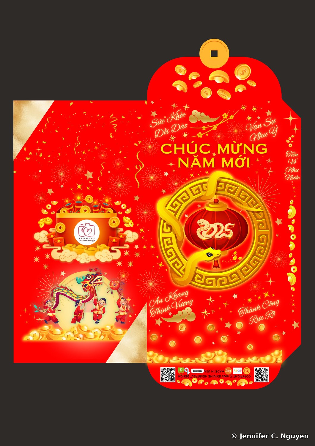 2025 Year of the Snake lucky red envelope for Jenuine Heartfelt Design, a gold coiled snake wrapped around a red lantern medallion, with the Jenuine Heartfelt Design logo and a lion dance mascot on the inner panel