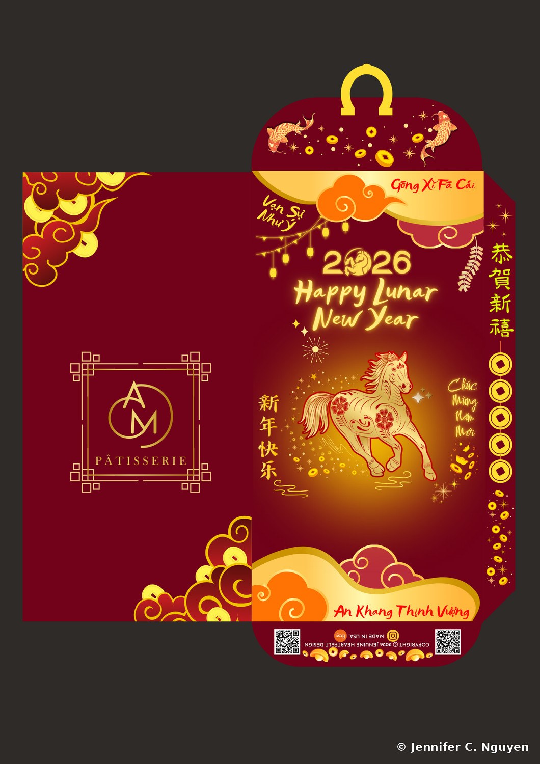 2026 Year of the Horse lucky red envelope for A&M Patisserie, the same gold floral horse design on a deep maroon background, with the A&M Patisserie gold monogram logo on the inner panel