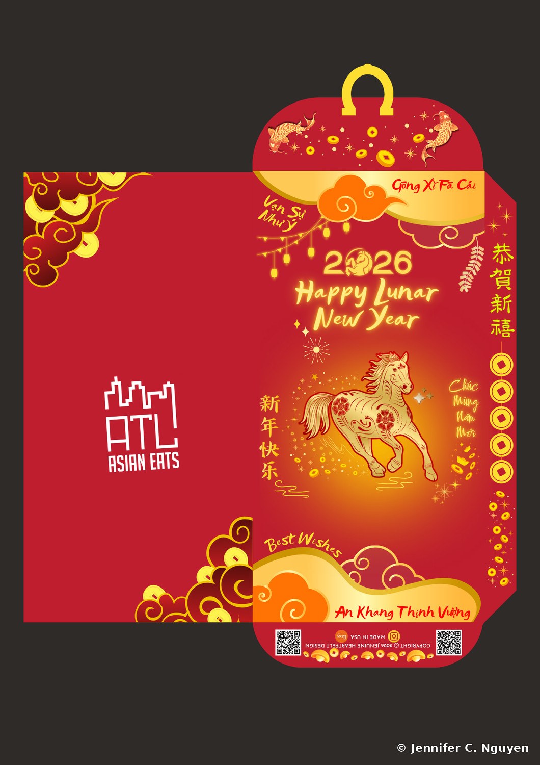 2026 Year of the Horse lucky red envelope for ATL Asian Eats, a gold floral horse running through fireworks and hanging lanterns, with the ATL Asian Eats skyline logo on the inner panel