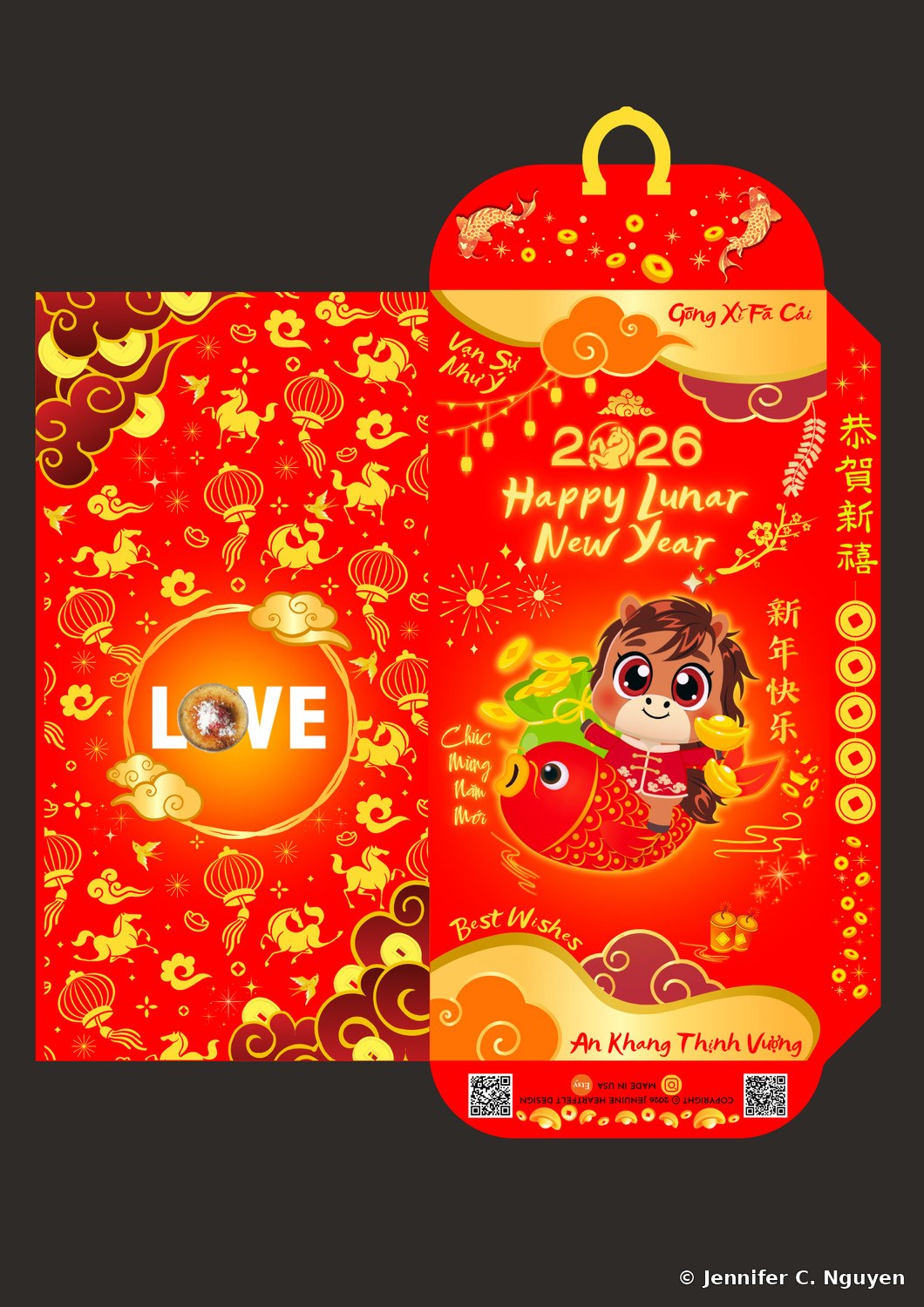 2026 Year of the Horse lucky red envelope for I Love Brulee, a cute cartoon baby horse holding gold coins while riding a red fish, with the I Love Brulee LOVE logo on the inner panel