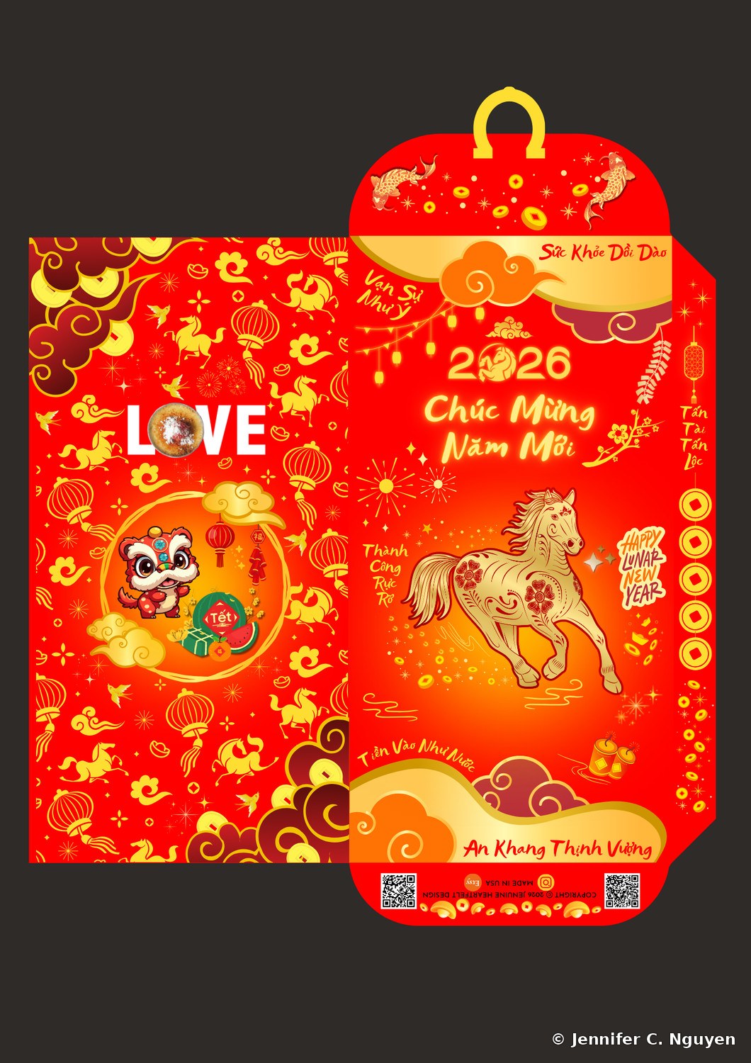 2026 Year of the Horse lucky red envelope for I Love Brulee, a gold floral horse illustration with Vietnamese New Year greetings, a lion dance mascot, and a watermelon Tet graphic on the inner panel