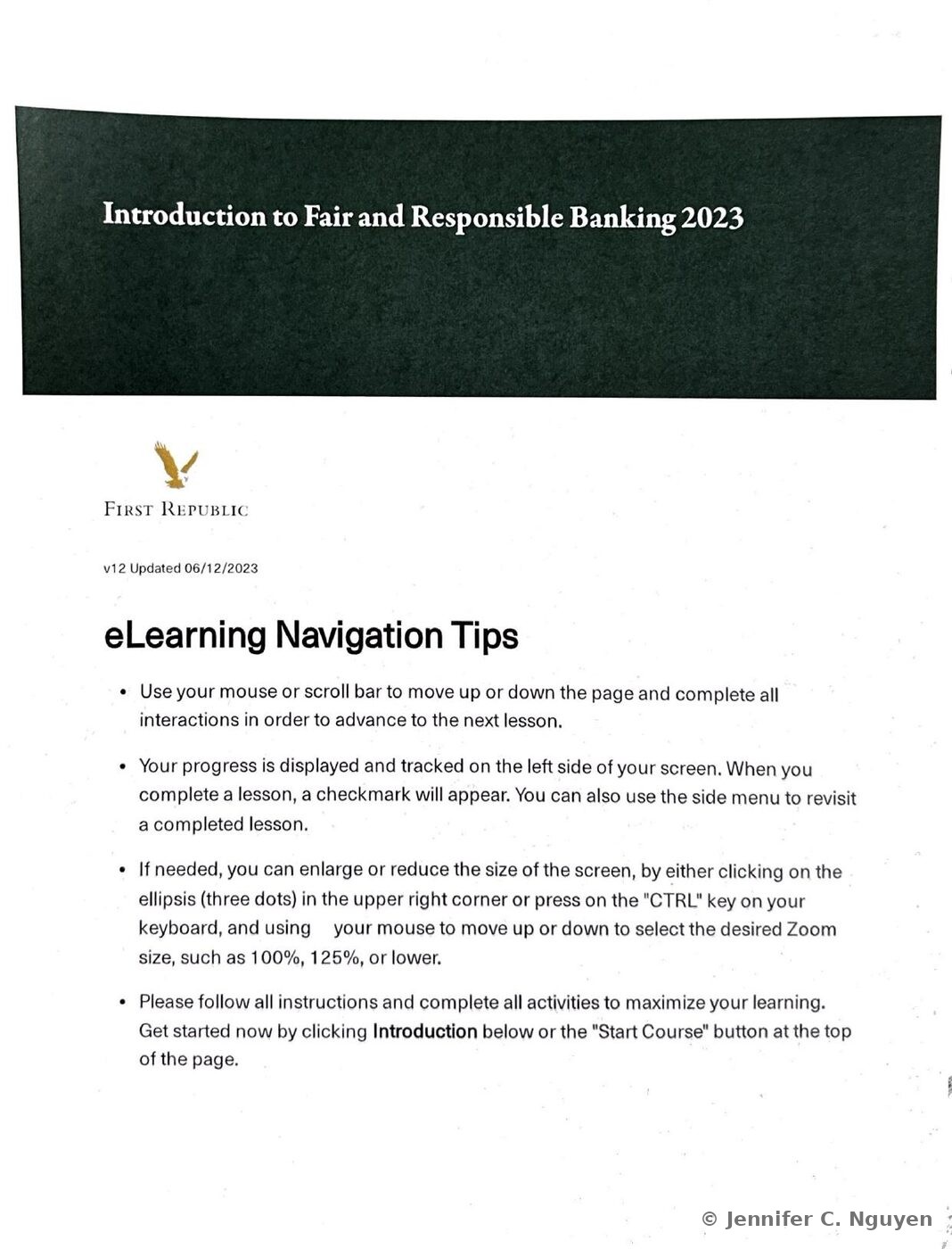 Introduction to Fair and Responsible Banking 2023 course title page with a dark charcoal header band holding a white serif title, First Republic eagle logo below on a white background, version and update-date text, and an eLearning Navigation Tips section explaining how to scroll through lessons, track progress in the side menu, adjust the zoom level, and start the course