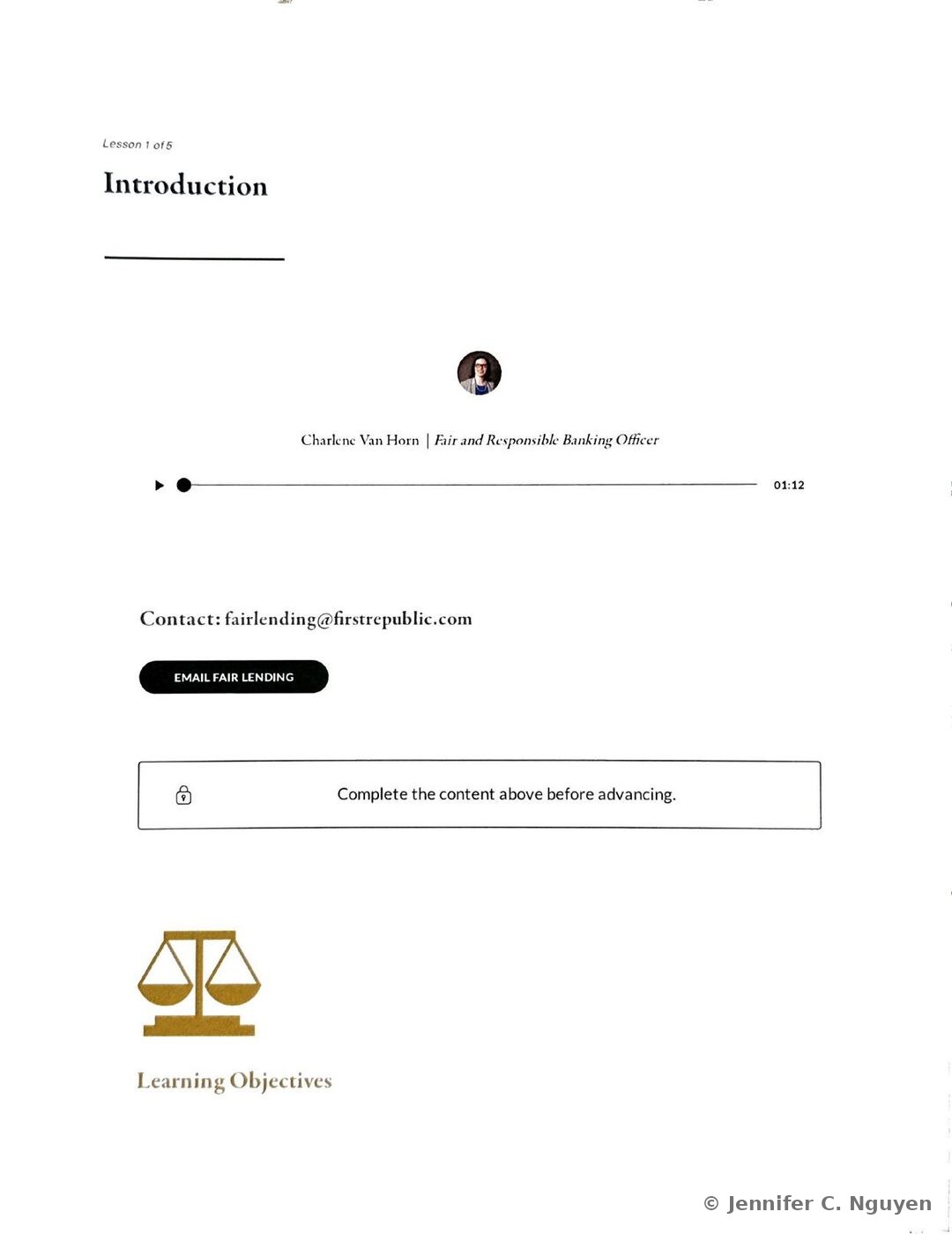 Introduction slide with a small circular headshot photo of a colleague identified by job title as the Fair and Responsible Banking Officer, an audio player with a play button and progress scrubber reading 01:12, a Contact Fair Lending email address, and a black Email Fair Lending button, followed by a gold scales-of-justice icon introducing the Learning Objectives section
