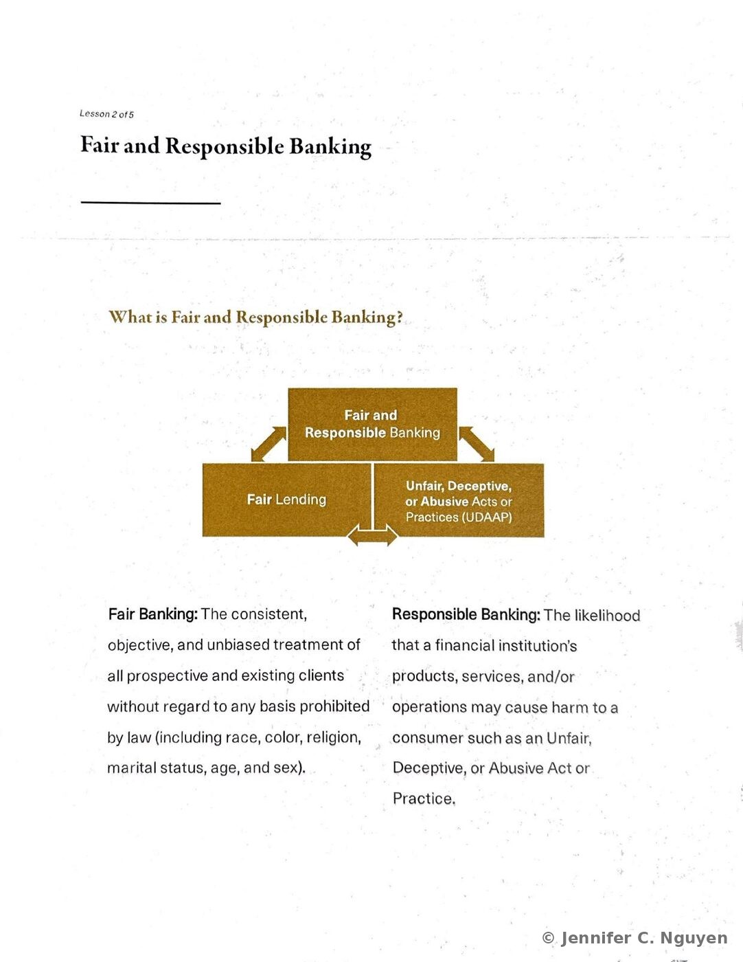Fair and Responsible Banking slide with a gold pyramid diagram showing Fair and Responsible Banking at the apex connected by arrows to Fair Lending and Unfair, Deceptive, or Abusive Acts or Practices (UDAAP) at the base, followed by two-column definitions explaining Fair Banking as consistent, objective, and unbiased treatment of clients and Responsible Banking as avoiding consumer harm from unfair, deceptive, or abusive acts or practices