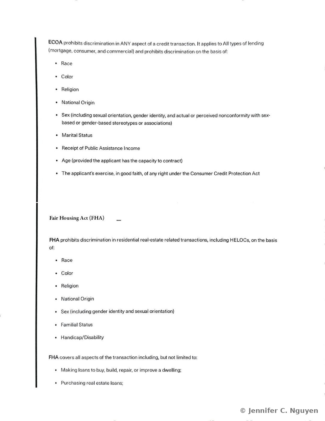Regulatory background slide listing the protected bases covered by the Equal Credit Opportunity Act, including race, color, religion, national origin, sex, marital status, receipt of public assistance income, and age, followed by a Fair Housing Act heading and a similar bulleted list of protected bases for residential real estate transactions