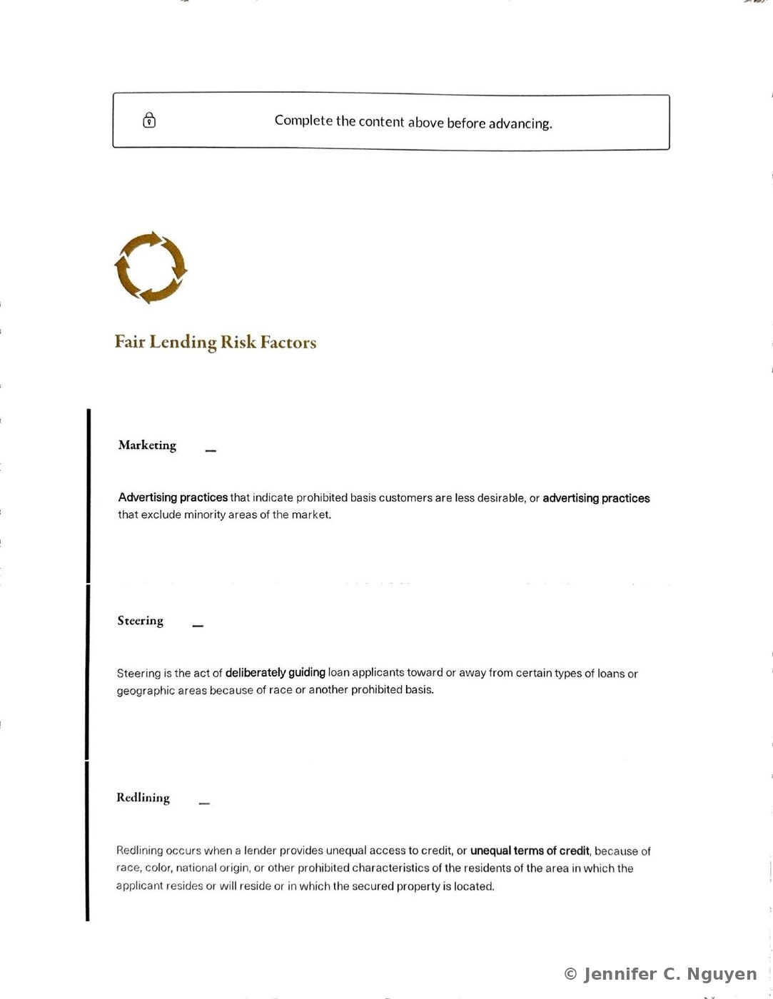 Fair Lending Risk Factors slide with a gold circular arrows icon, and a left-bordered accent list of risk categories beginning with a Marketing subheading describing advertising practices that indicate a preference for or exclusion of prohibited-basis customers, continuing into Steering and Redlining subheadings with their definitions
