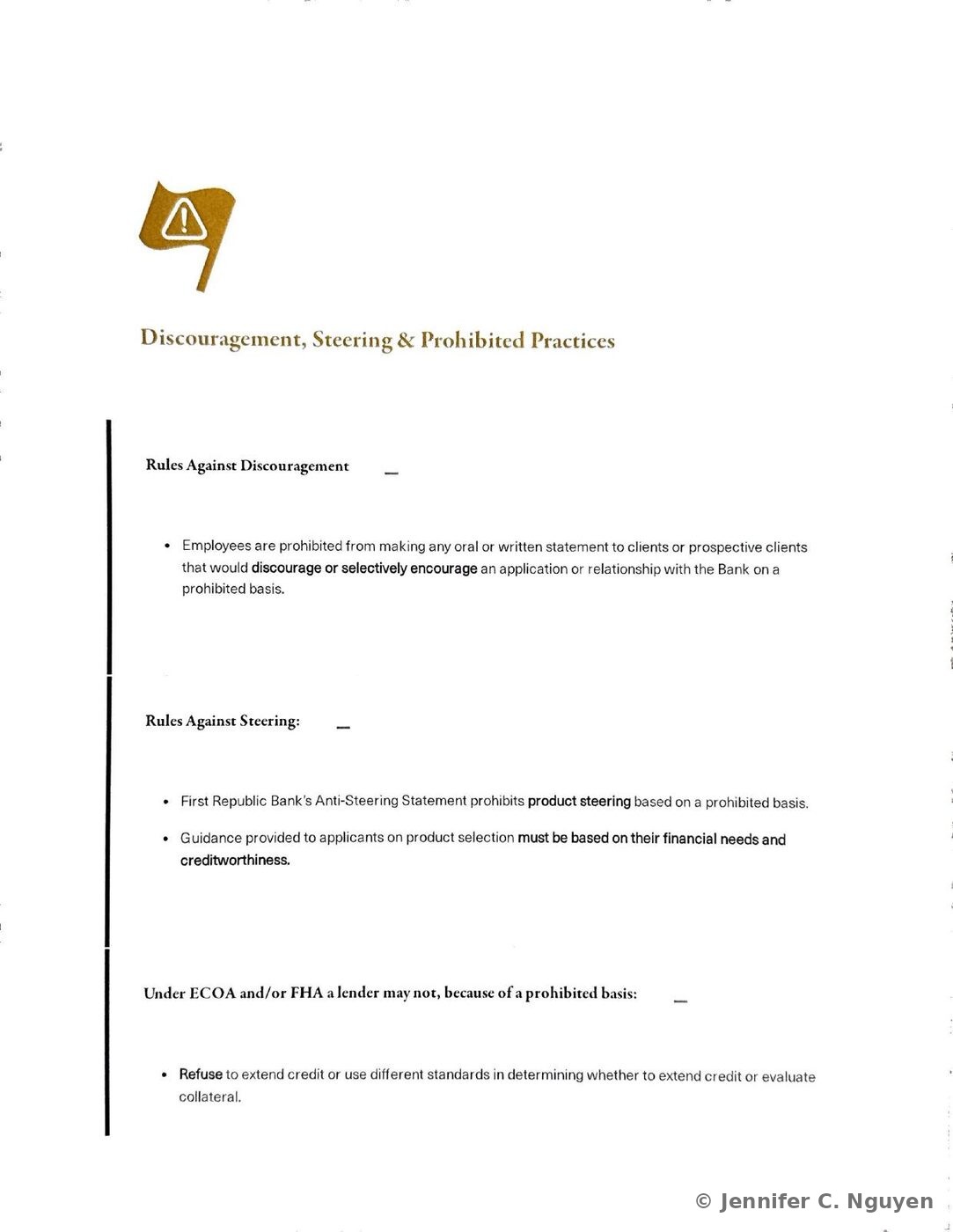 Discouragement, Steering and Prohibited Practices slide with a gold warning-flag icon, a Rules Against Discouragement subheading explaining that employees may not discourage or selectively encourage applicants on a prohibited basis, and a Rules Against Steering subheading referencing First Republic's Anti-Steering Statement and product-selection guidance based on financial needs and creditworthiness