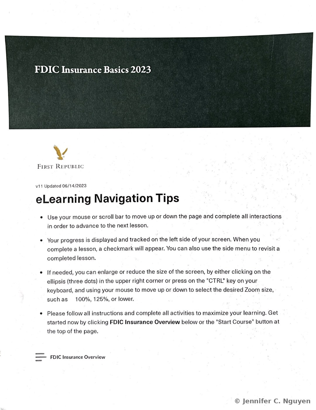 FDIC Insurance Basics 2023 course title page with a dark charcoal textured header band holding a white serif title, First Republic eagle logo and wordmark below on a white background, version text reading v11 Updated 06/14/2023, an eLearning Navigation Tips heading with four bulleted instructions about scrolling, progress tracking, zoom controls, and completing activities, and the start of a lesson menu reading FDIC Insurance Overview