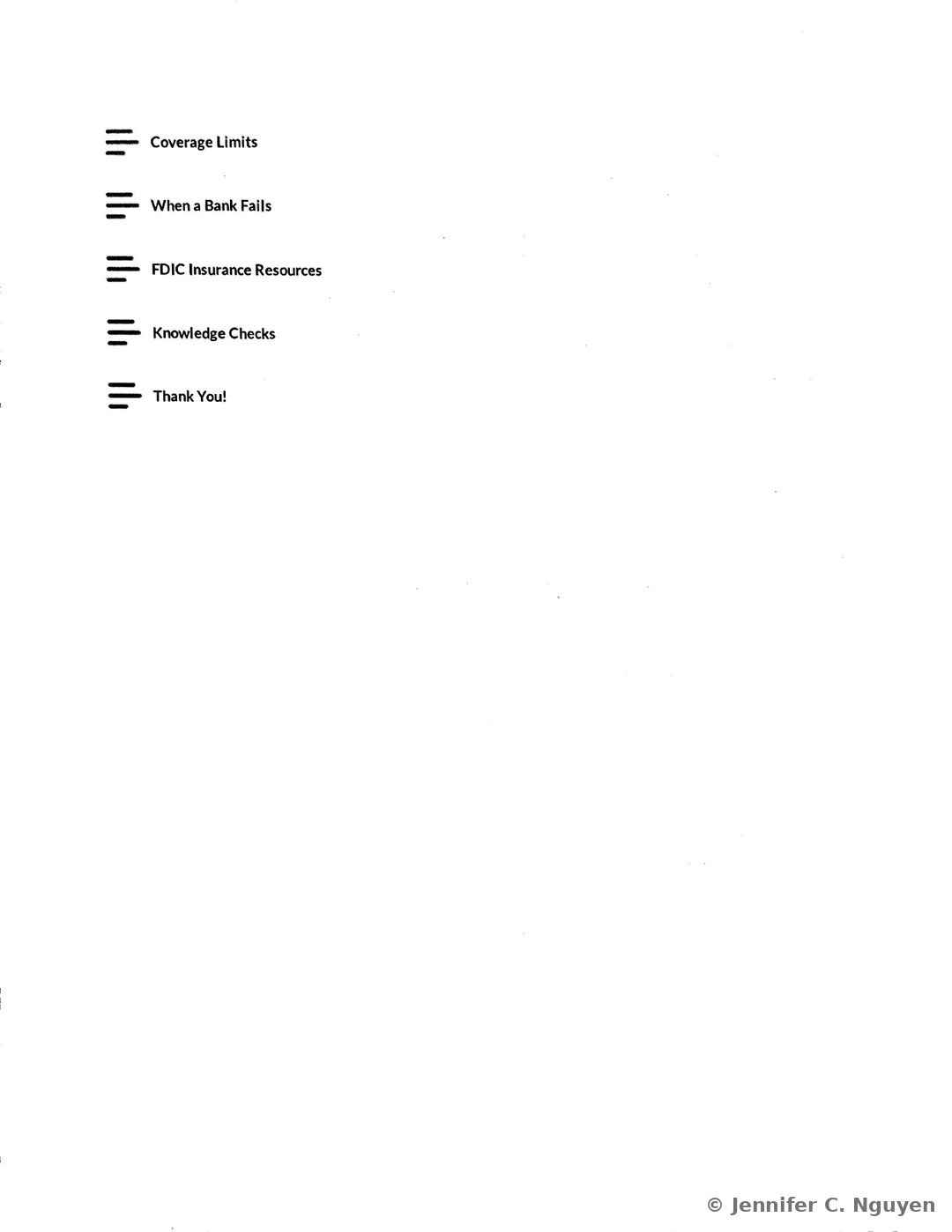 Continuation of the lesson menu listing Coverage Limits, When a Bank Fails, FDIC Insurance Resources, Knowledge Checks, and Thank You
